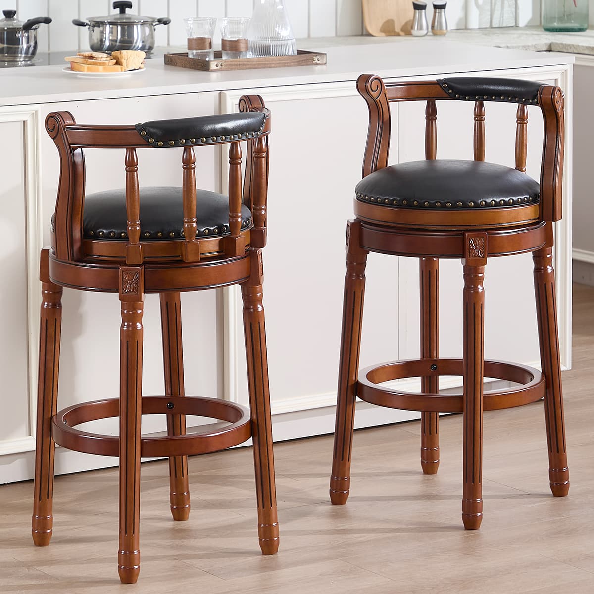 Drehbare Barhocker Leder Holz mit Rückenlehne