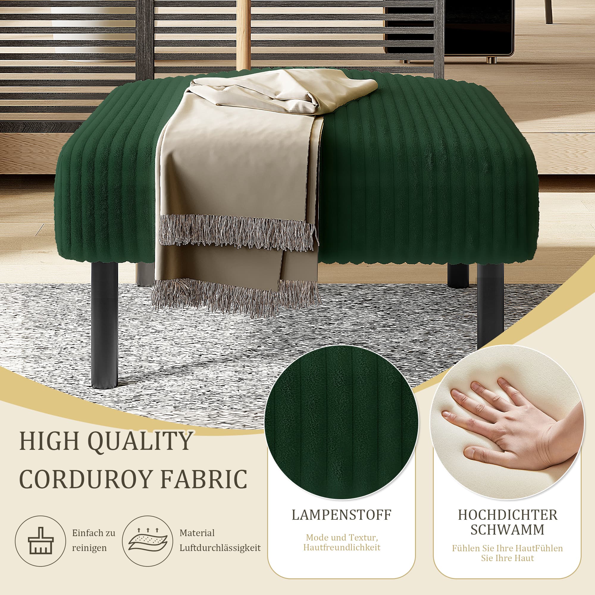 Hocker aus Cord mit Metallgestell und Samtbezug