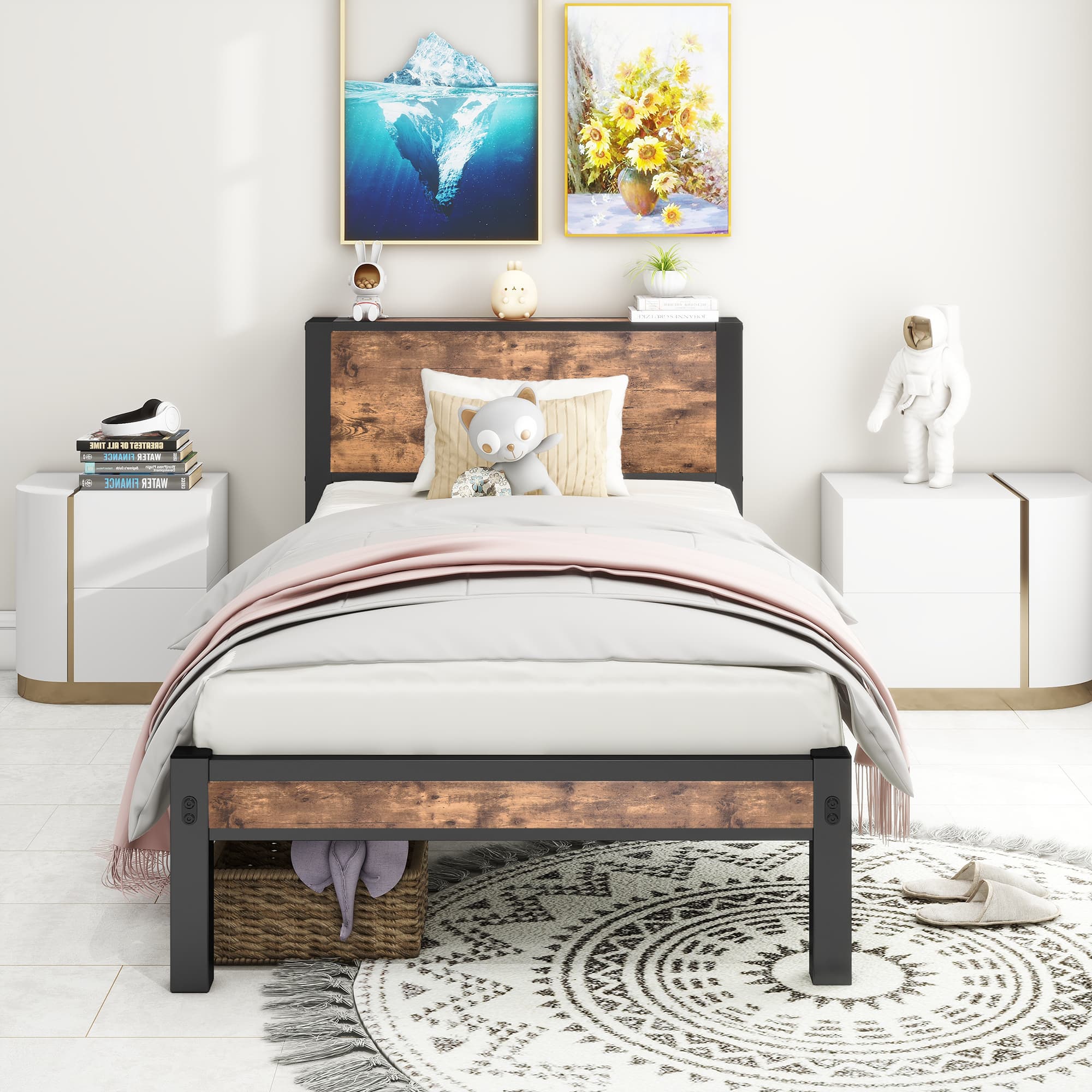 Metallbett 90x200 cm mit Stauraum-Kopfteil