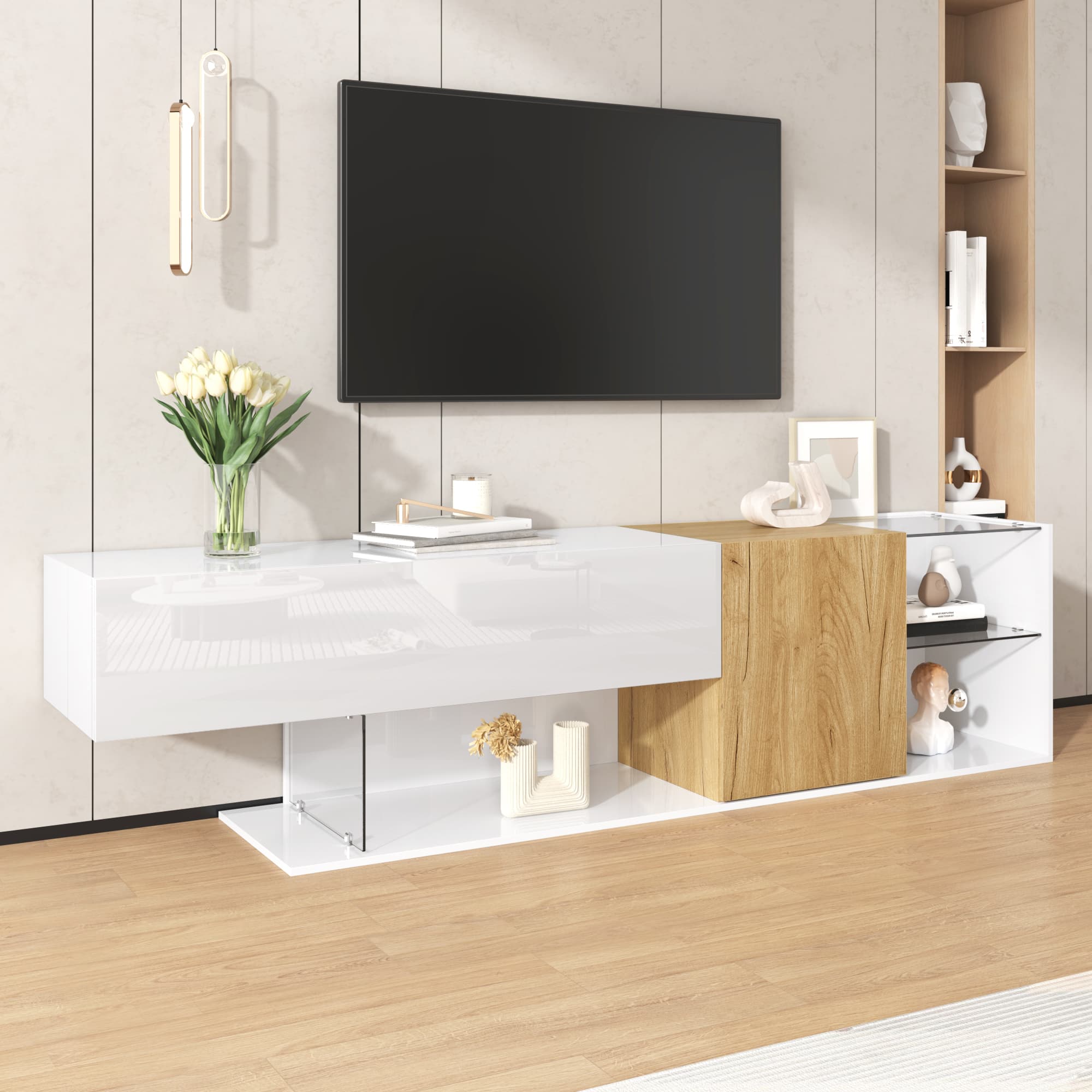 TV-Kommode 180 cm Hochglanzweiß mit Glasböden