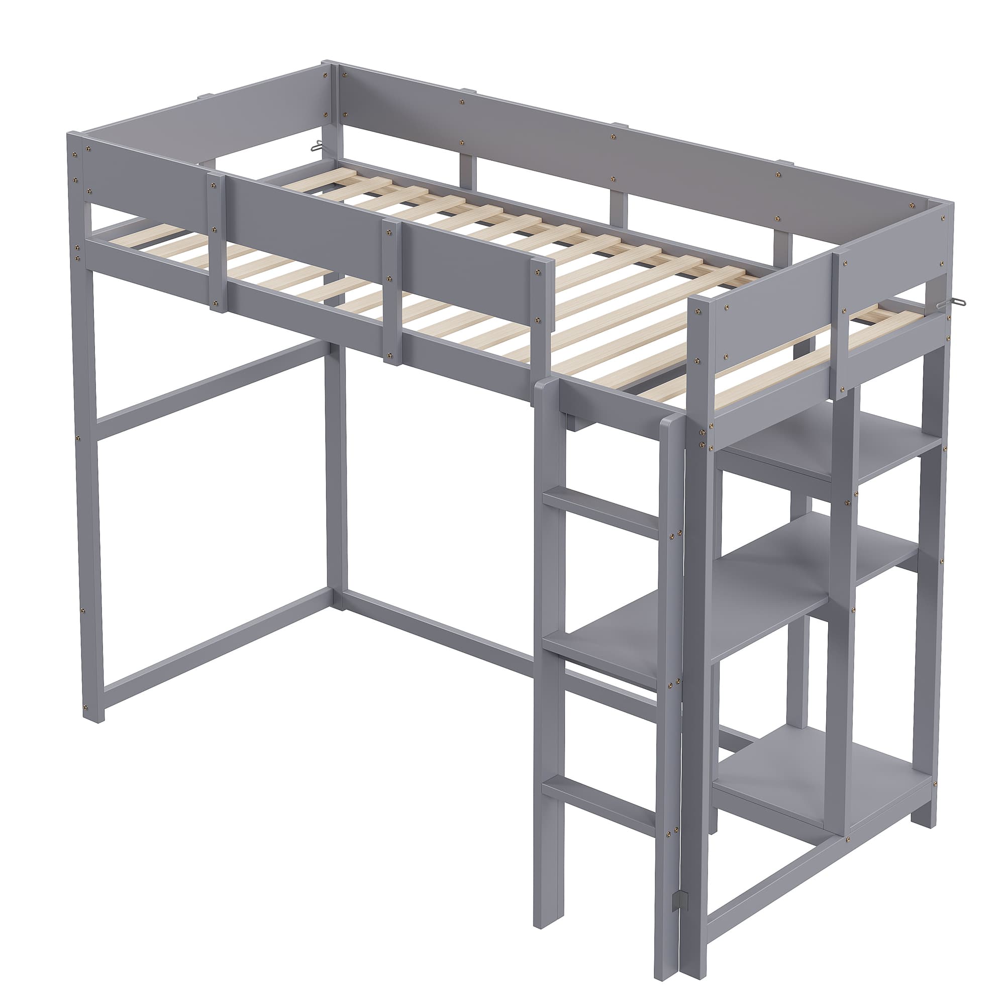 Hochbett mit Regal 90x200 Kiefer massiv grau
