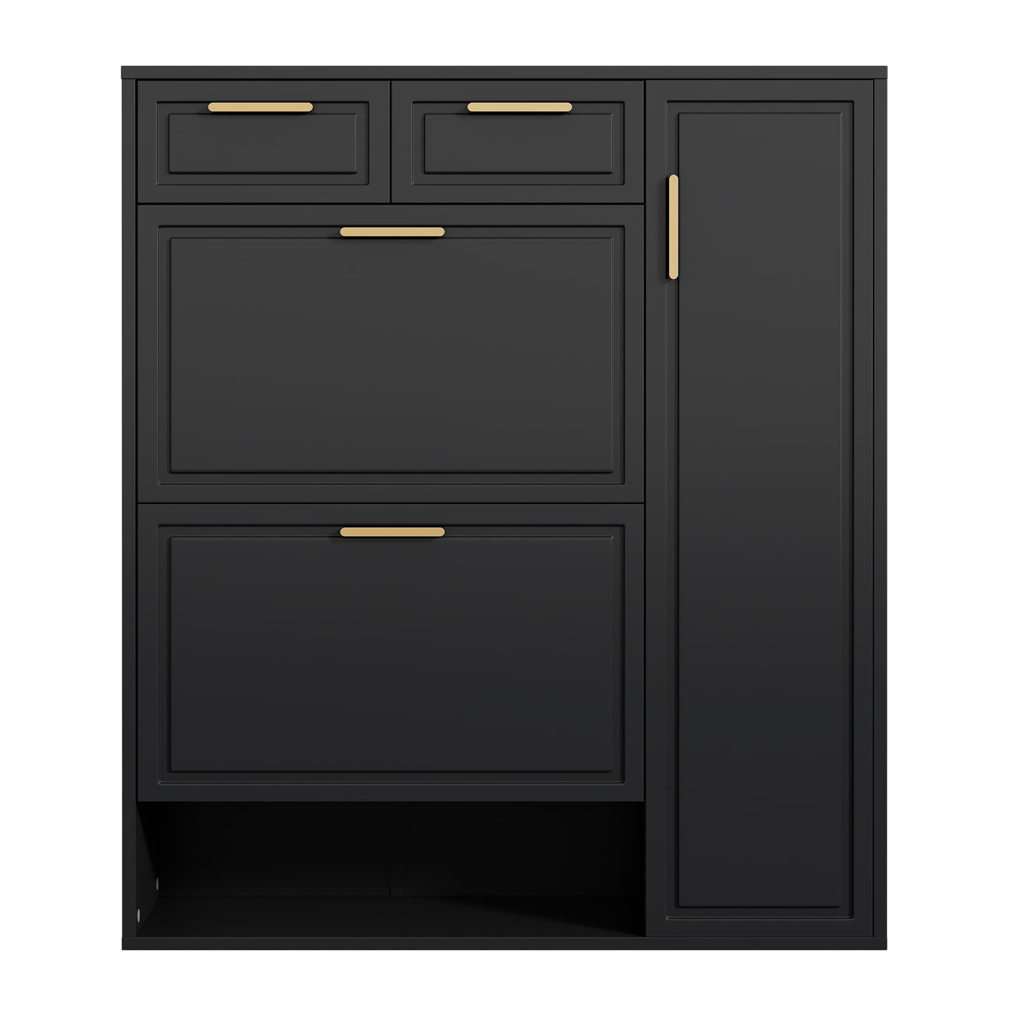 Moderner Schuhschrank mit Klappen, Schubladen und goldenen Griffen