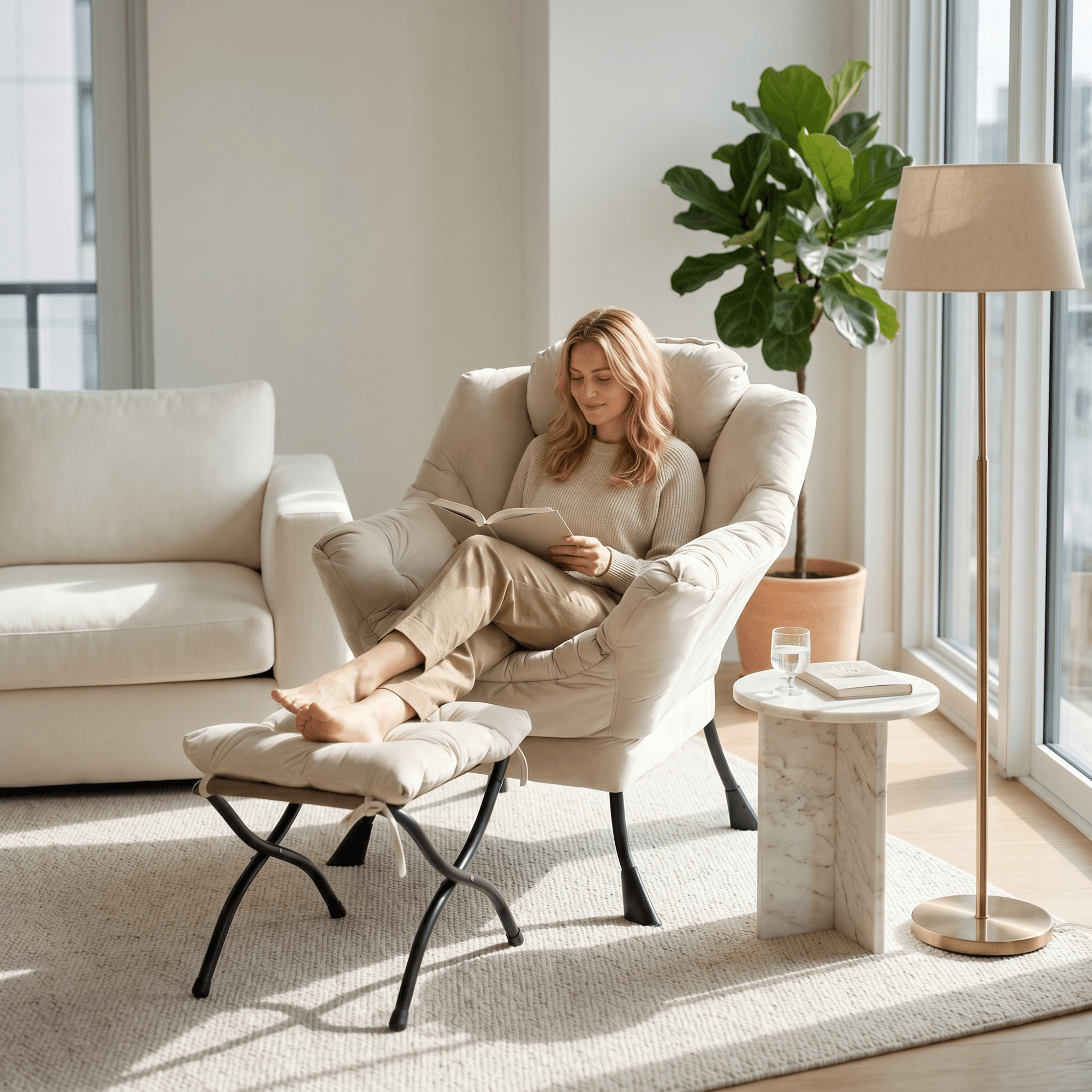 Ohrensessel mit Hocker und Armlehnen in Beige