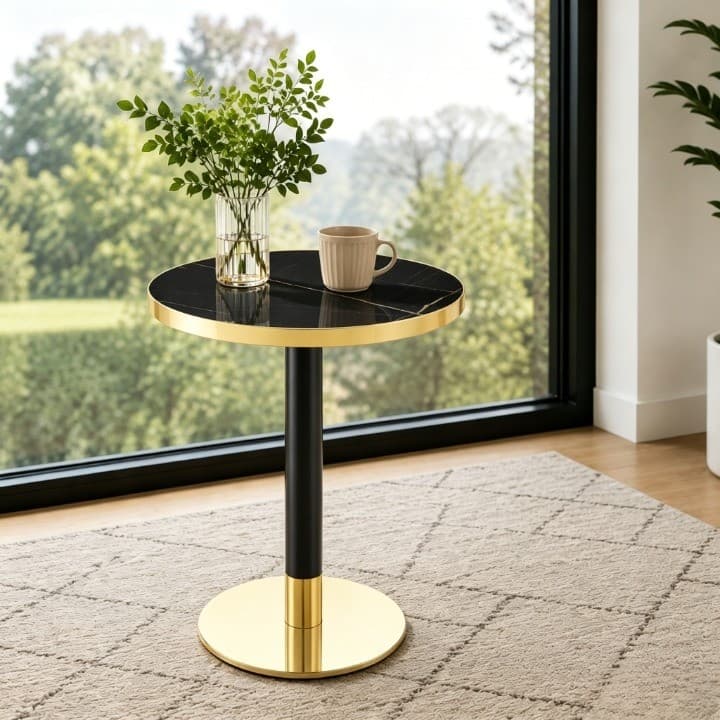 Modern Runde Seite Tisch, Marmor-Tablett Mit Goldenem Rand, Robuster Metallrahmen In Schwarz-Gold, Ideal Als Kaffeetisch, Nachttisch Oder Balkontisch