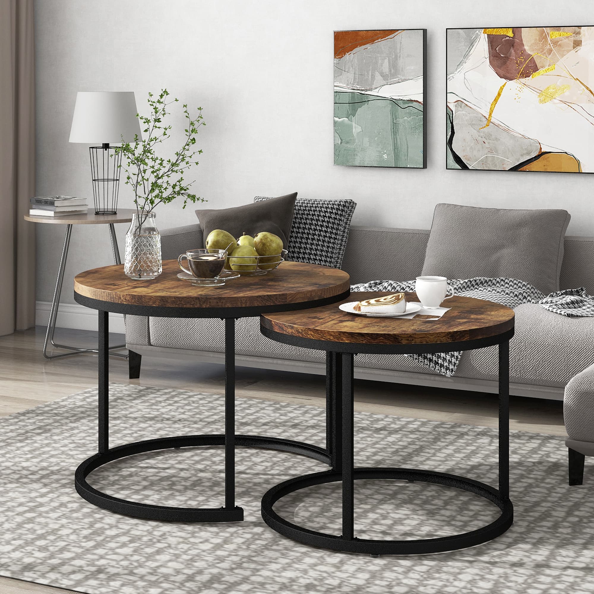 Runder Couchtisch 2er-Set mit Beistelltischen in Braun