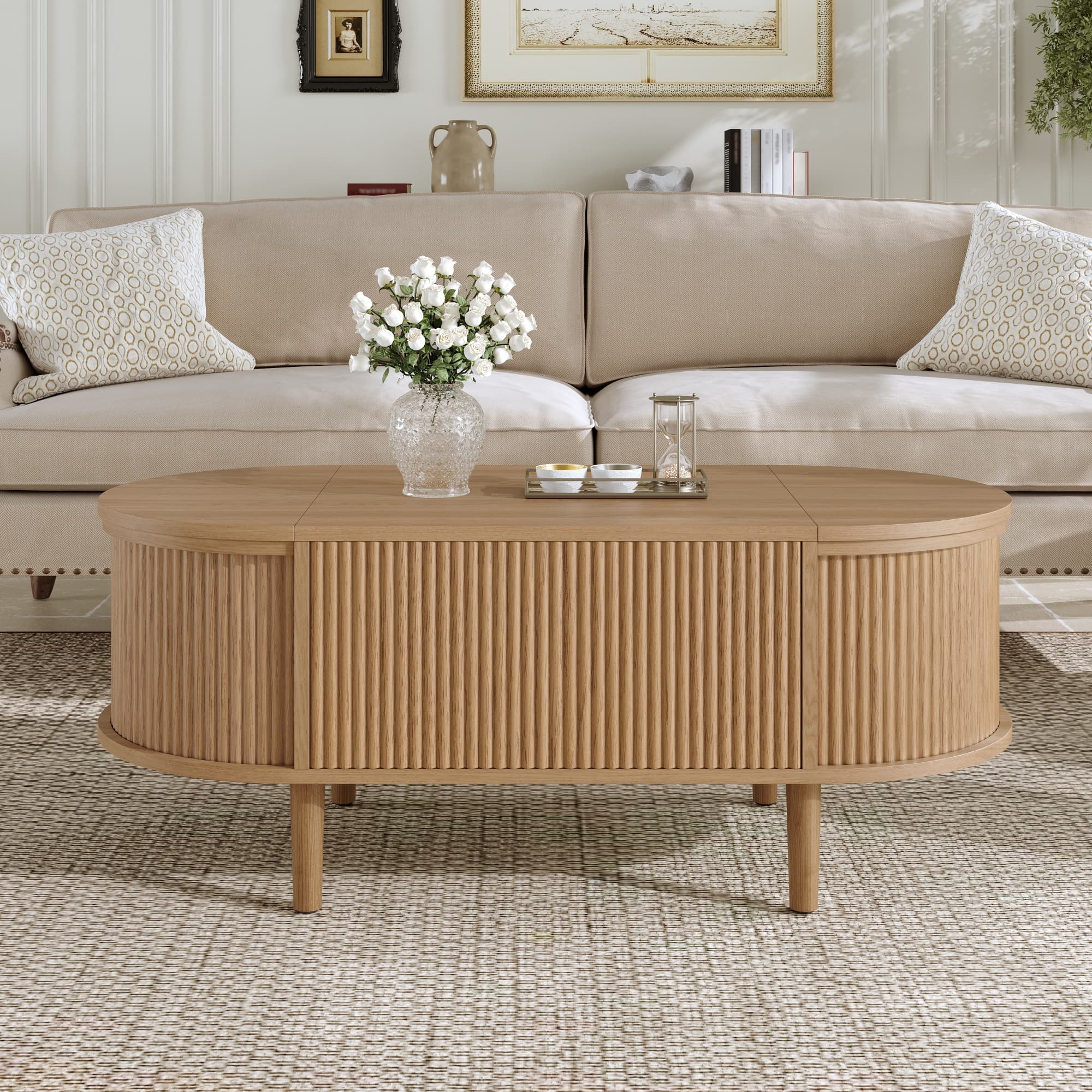 Höhenverstellbarer ovaler Couchtisch mit Stauraum im Vintage-Stil
