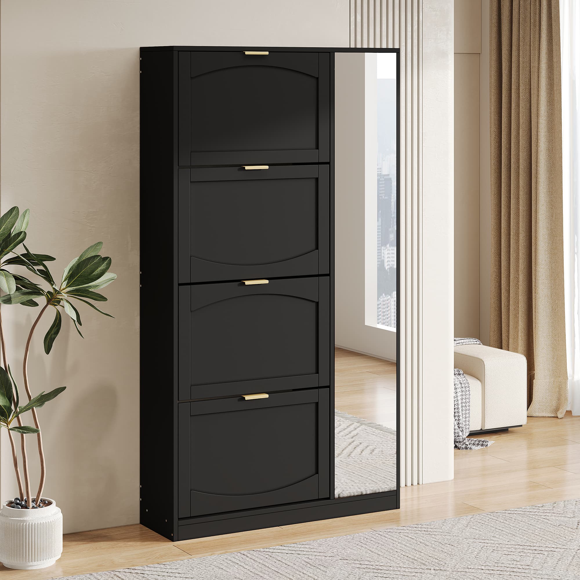 Moderner Schuhschrank mit Spiegel, schwarz, 80 cm