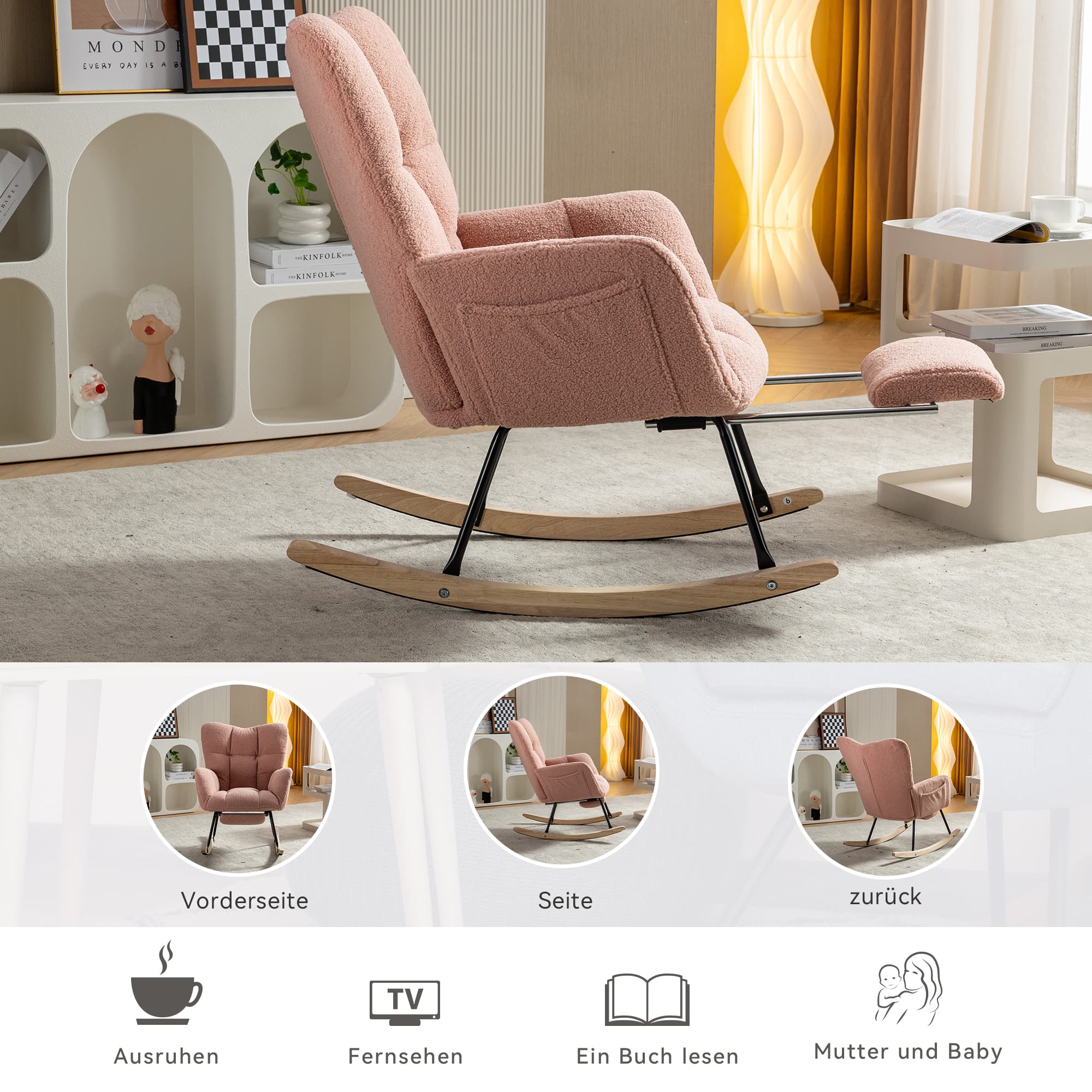 Sillón mecedora rosa acolchado moderno reposapiés