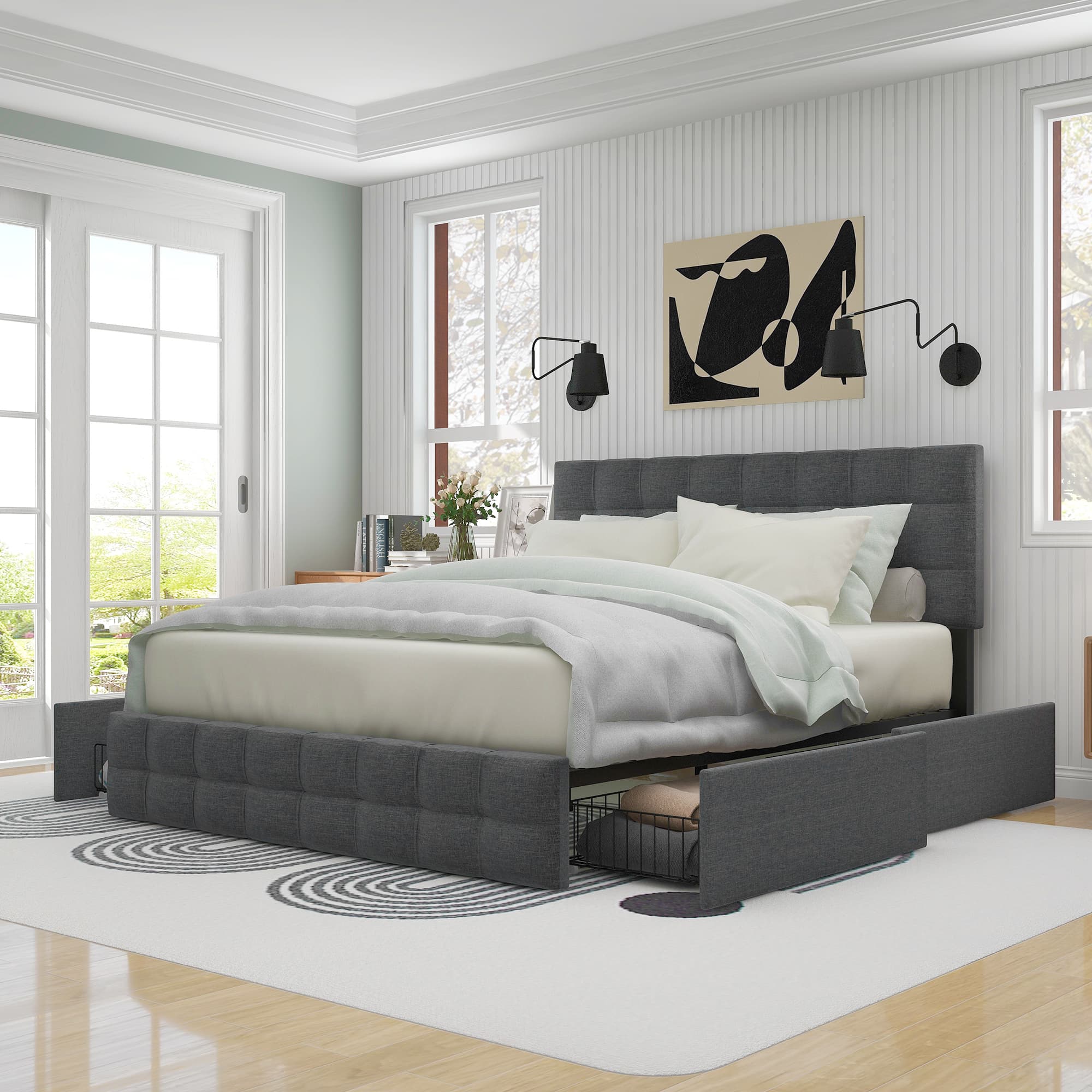 Gepolstertes Doppelbett mit 4 Schubladen und Lattenrost