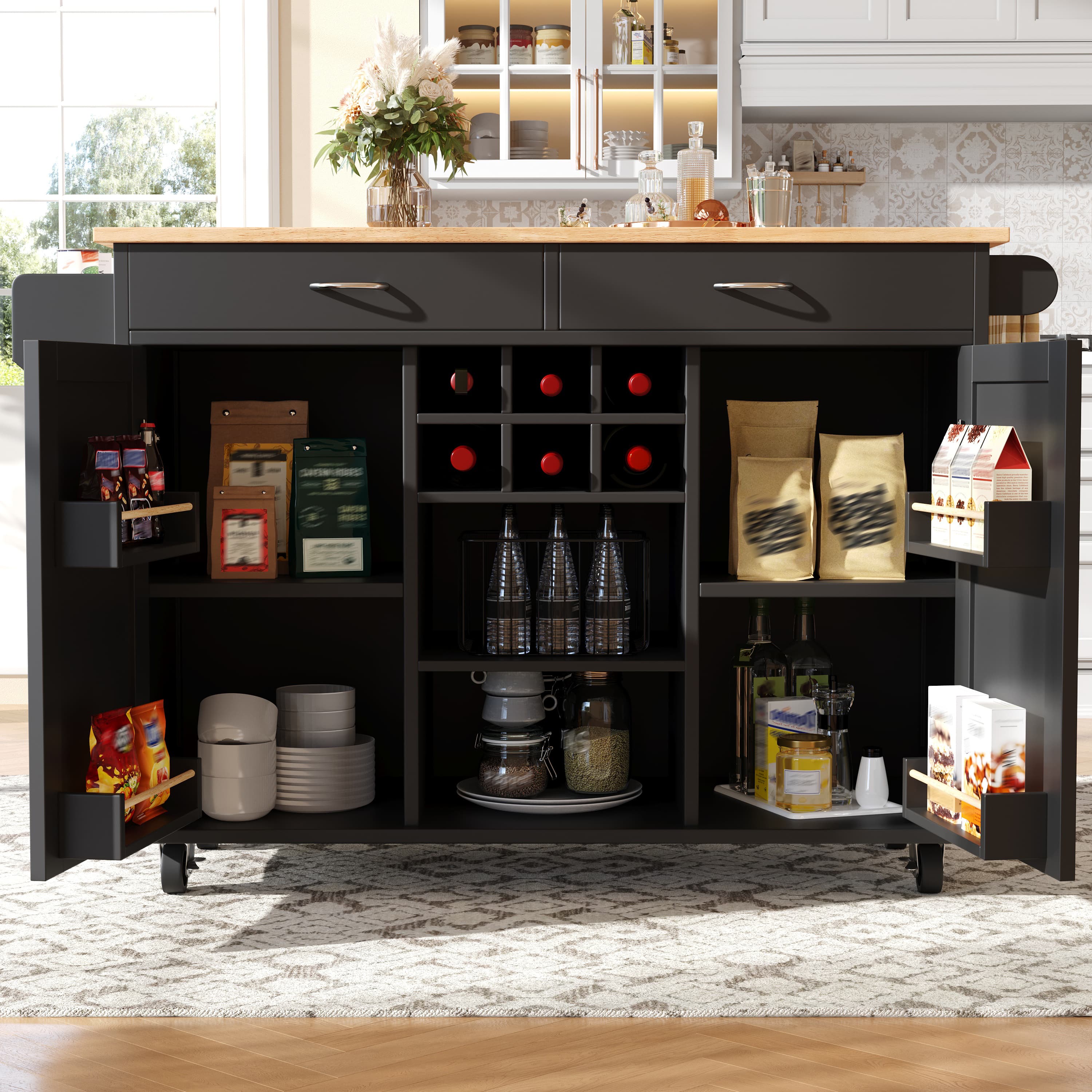 Moderne Kücheninsel mit Stauraum, schwarze Holzoptik