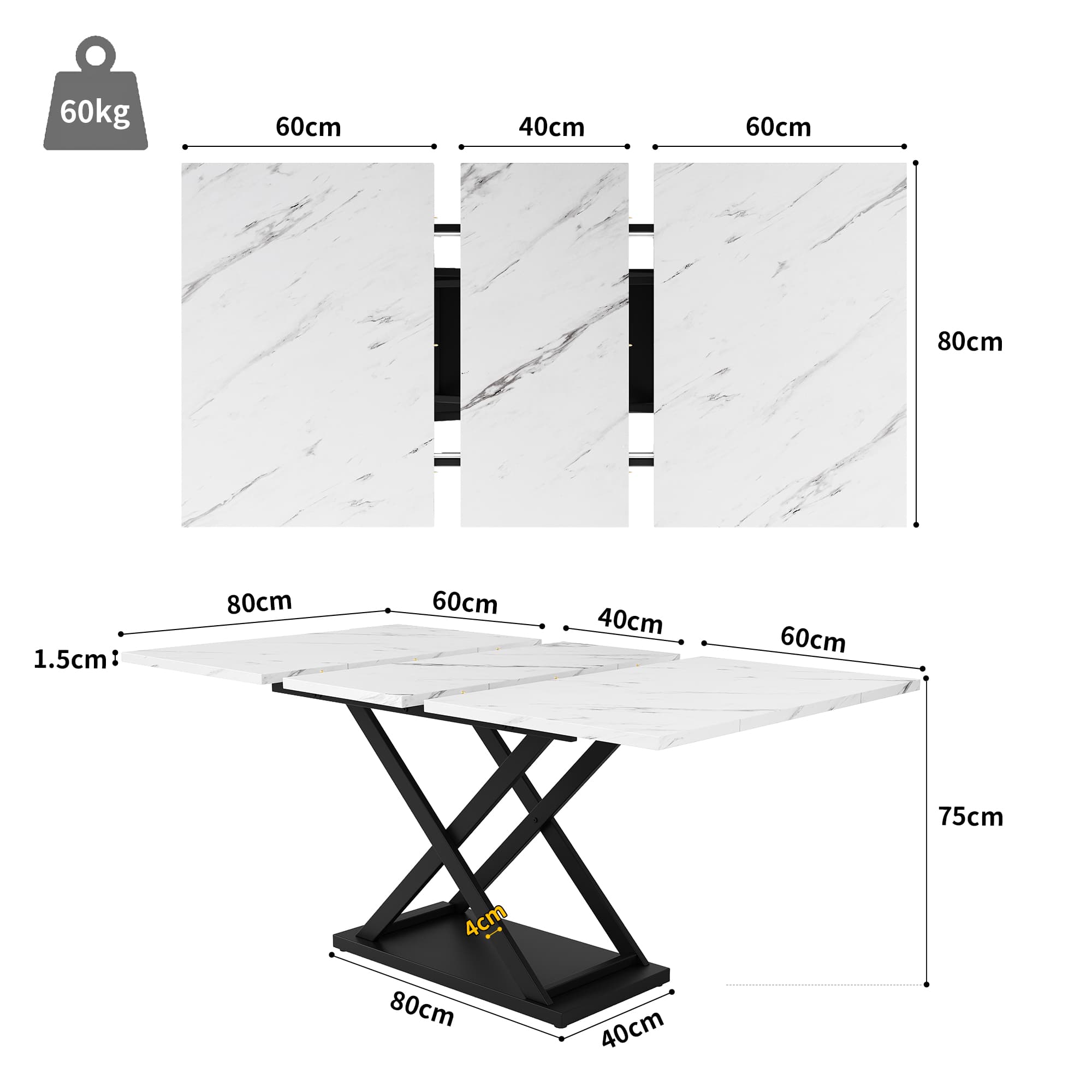 Ausziehbarer Esstisch 120-160x80 cm Marmoroptik
