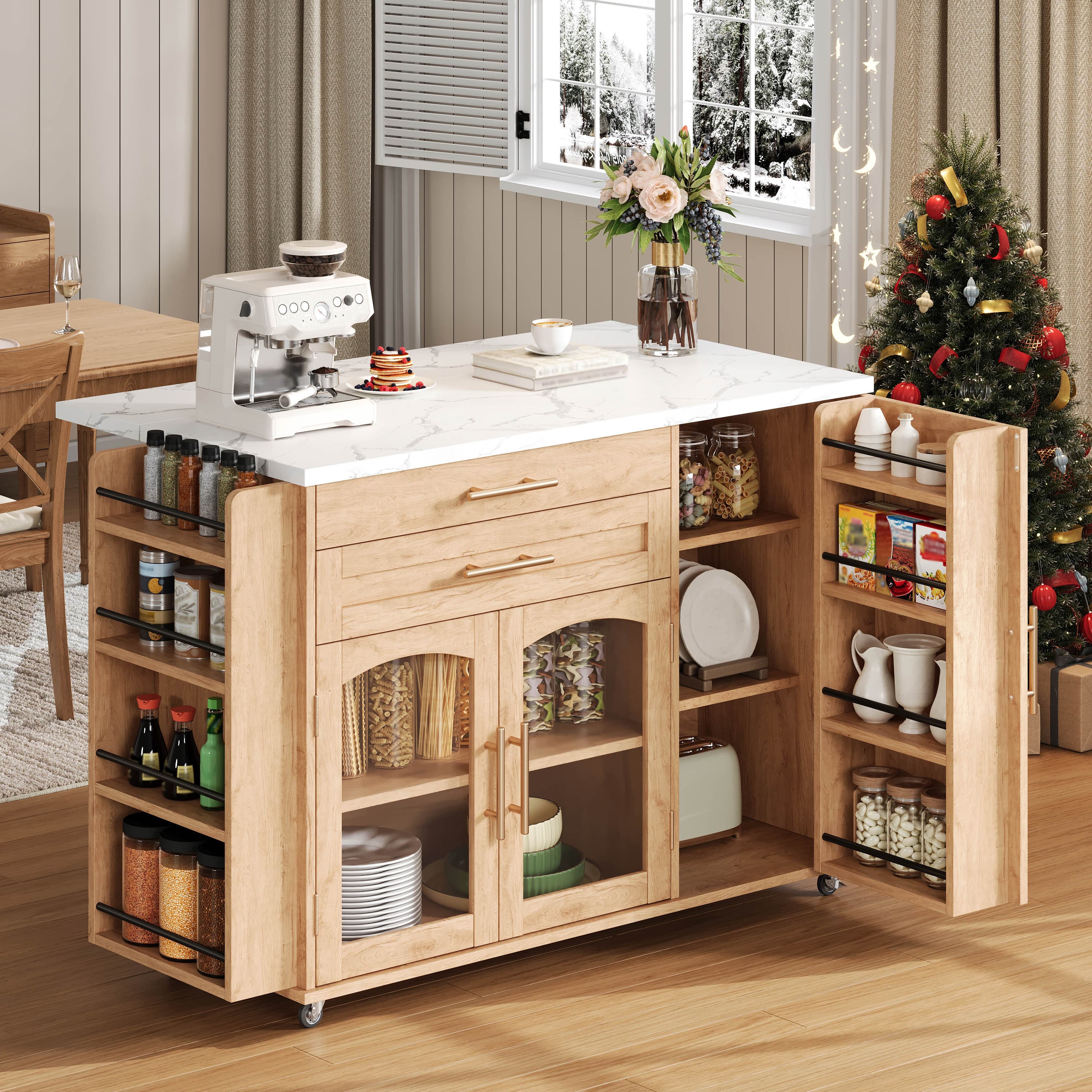 Mobile Kitchen Island with Foldable Worktop