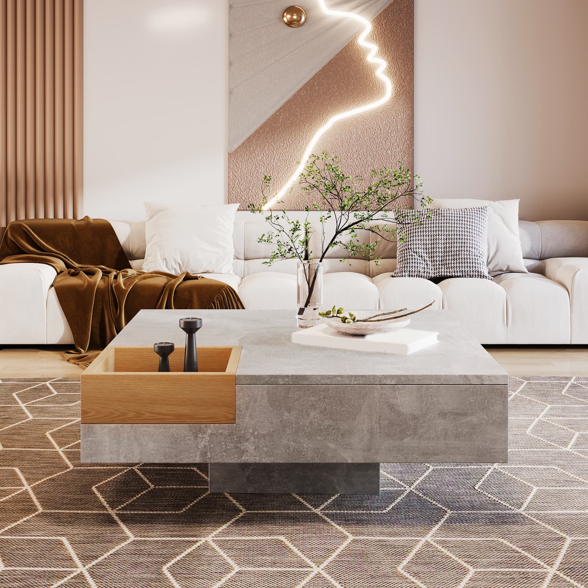 Couchtisch mit herausnehmbarer Aufbewahrungsbox, Betongrau und Holz