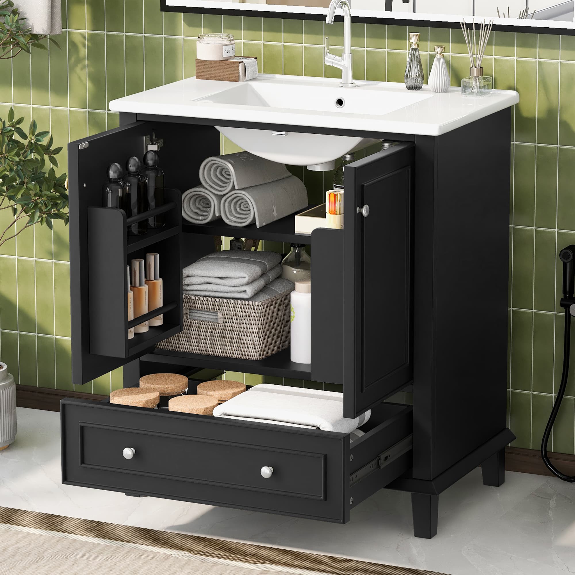 Badezimmerschrank mit Keramikwaschbecken und Massivholzbeinen
