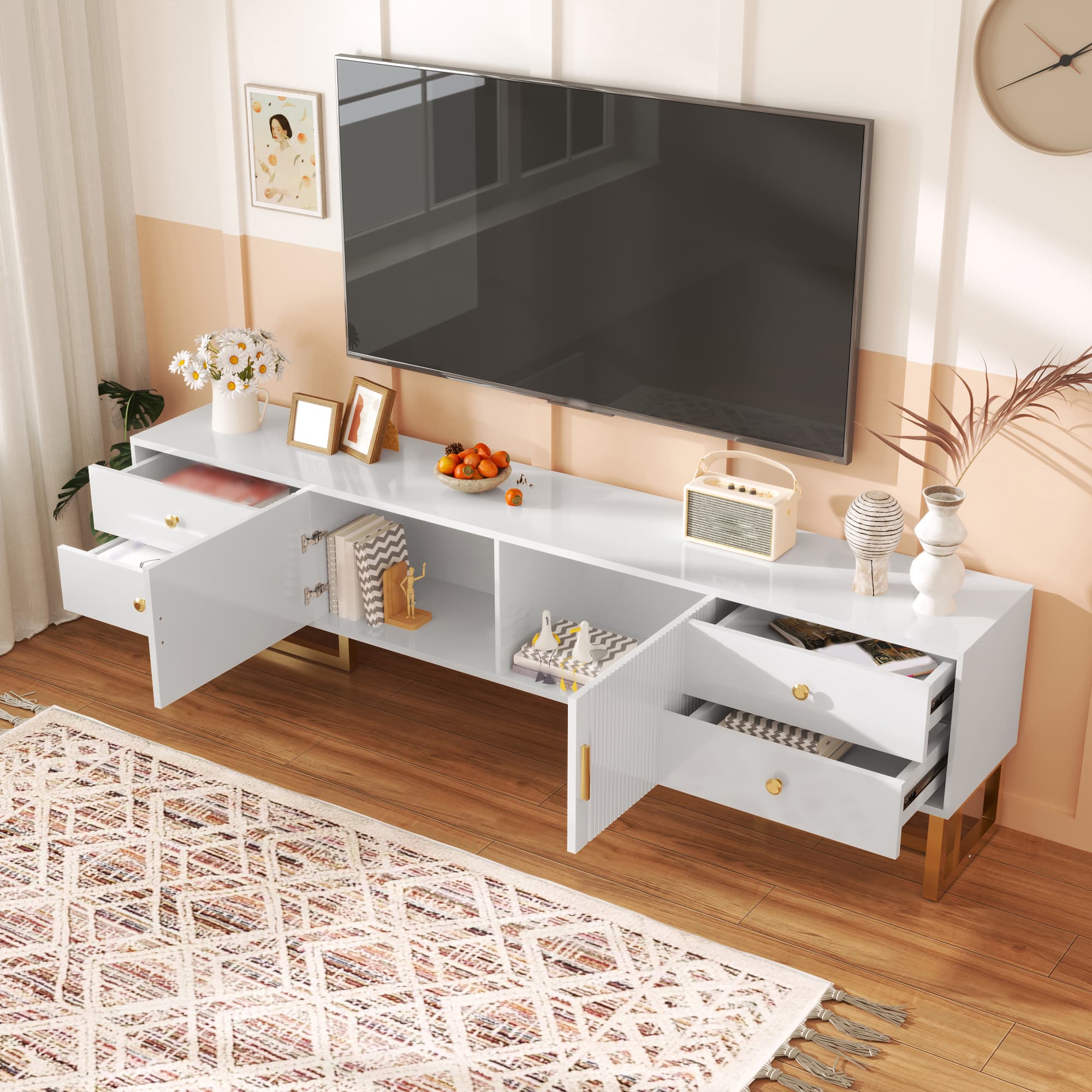 Tiefer TV-Unterschrank mit Tür und Schubladen