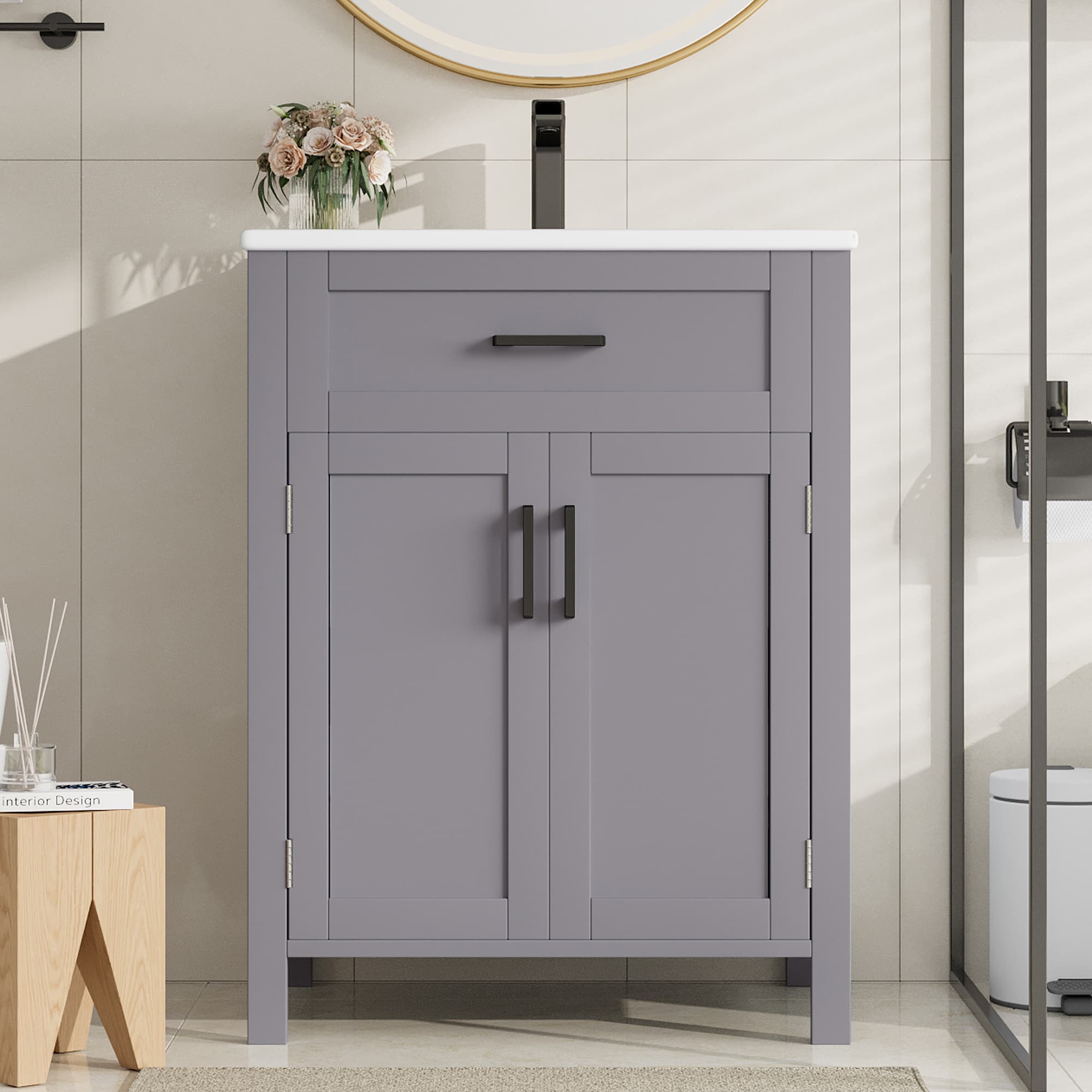 Waschbecken-Unterschrank 60 cm mit Keramikbecken