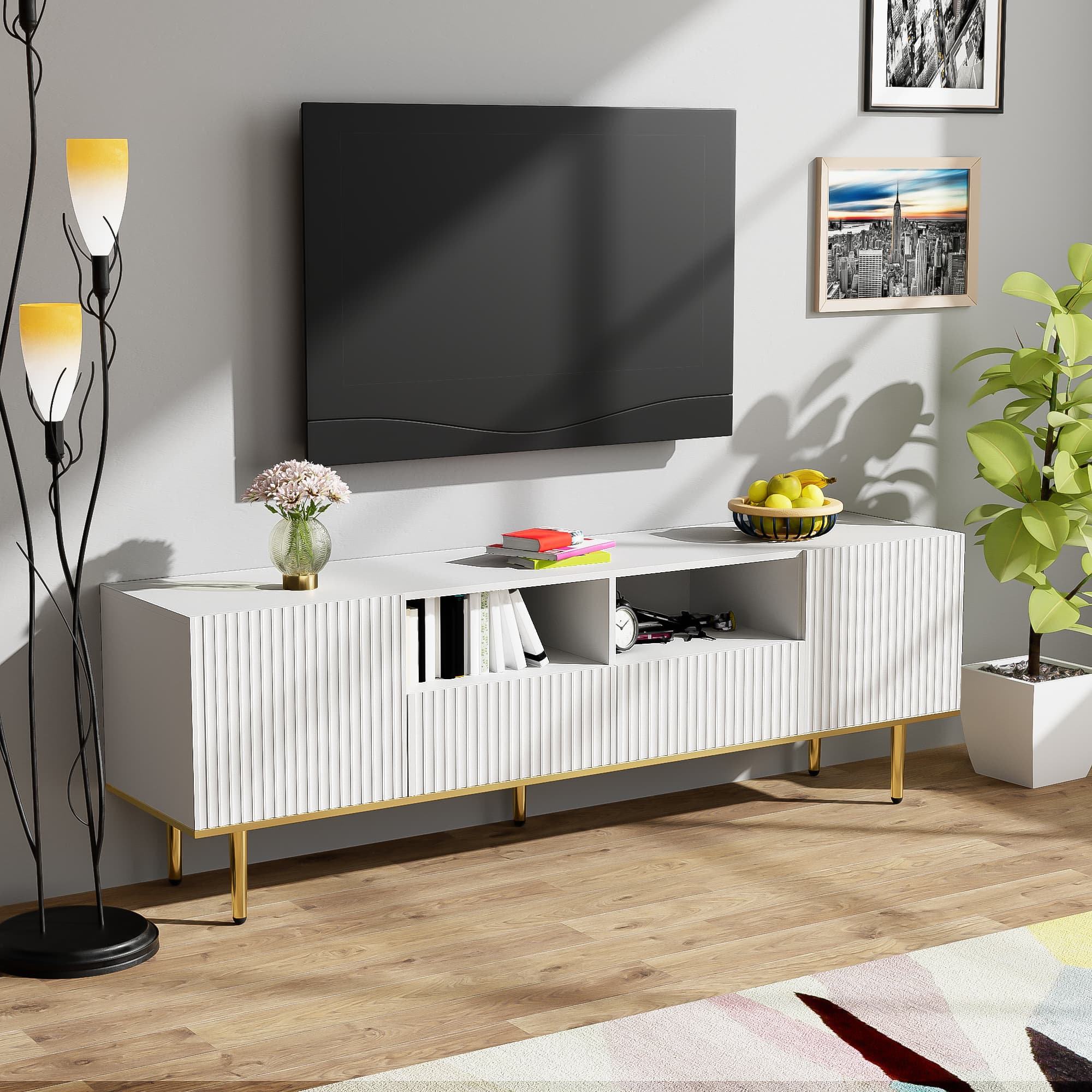 Moderner TV-Schrank mit goldenen Füßen und Goldrand