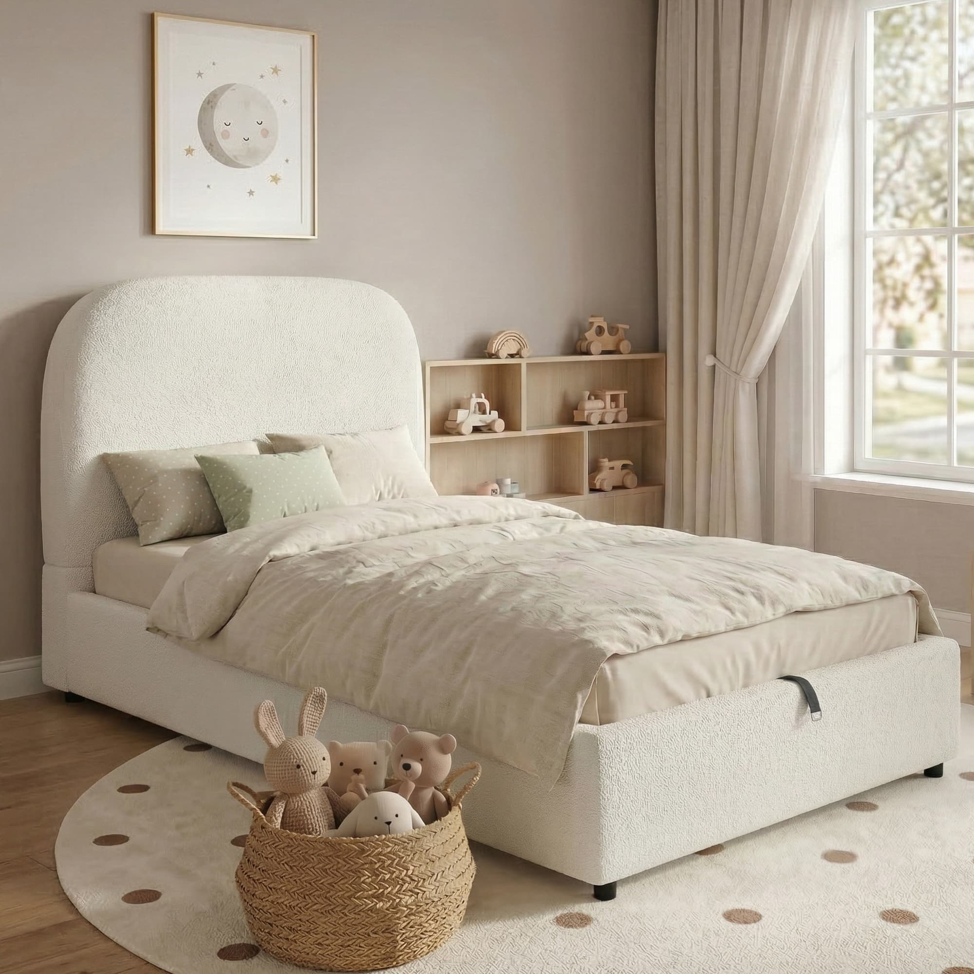 Gepolstertes Einzelbett 90 x 200 cm mit Stauraum, Beige
