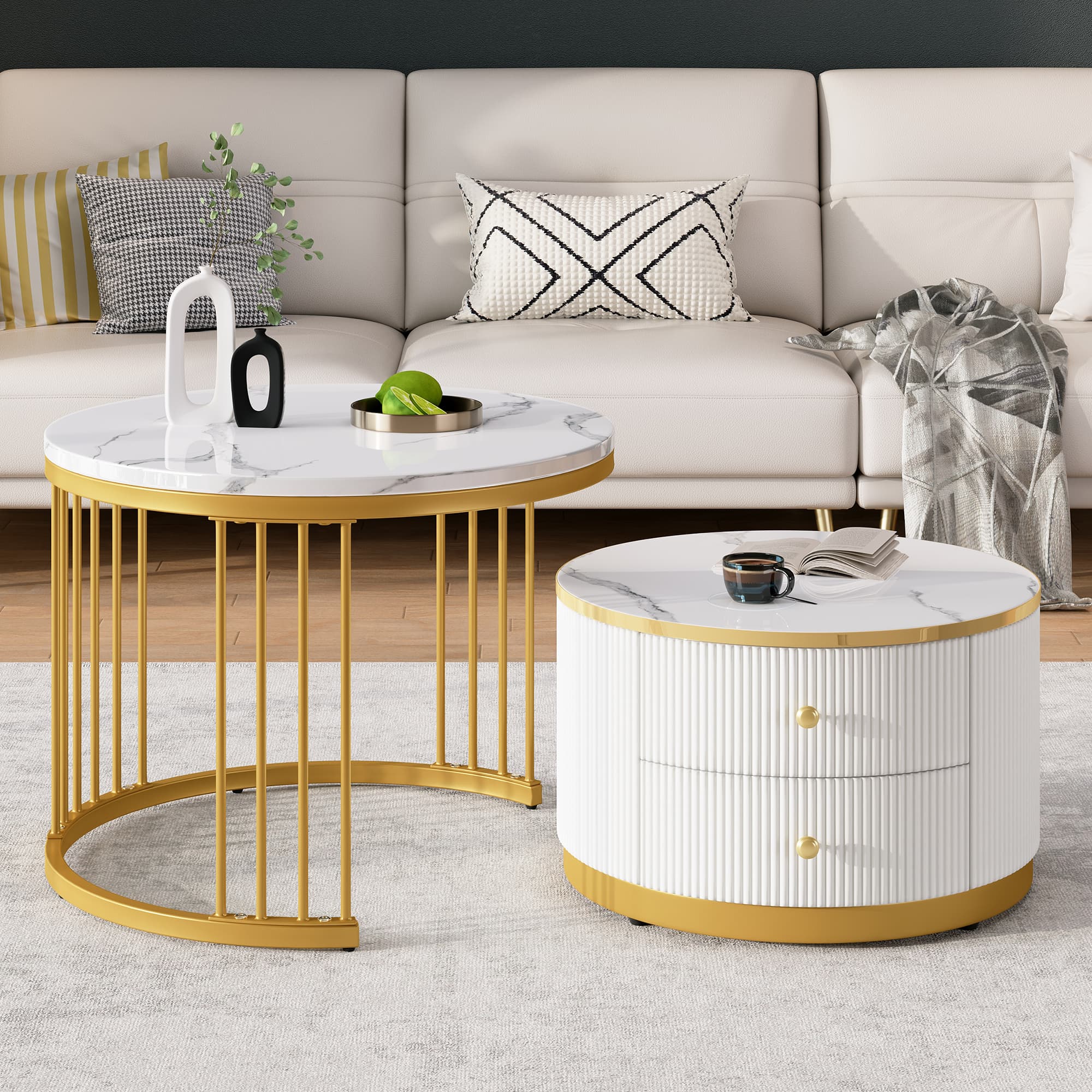 Weißes 2er-Set Couchtische in Nierenform mit Marmoroptik