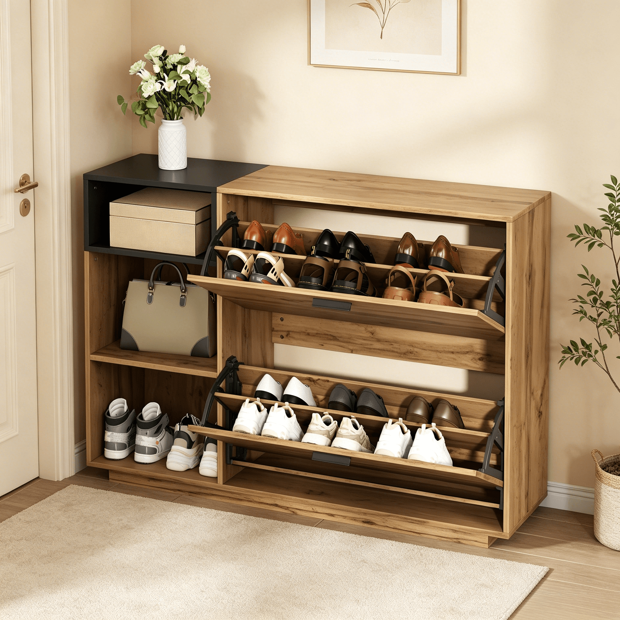 Schuhschrank MDF, offene & Klappfächer