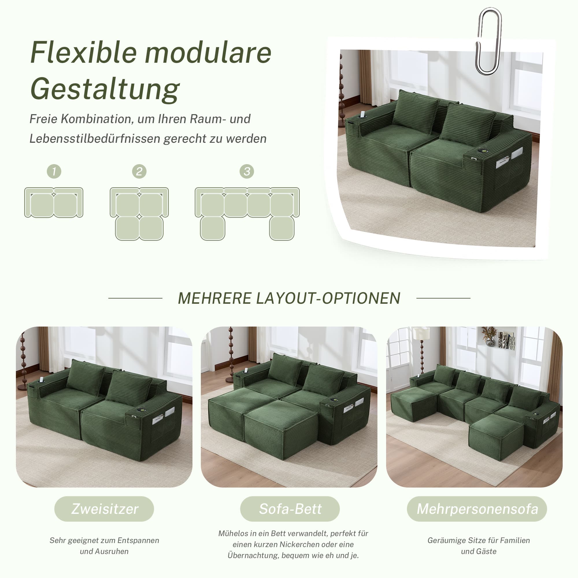 Modulares Cordsofa für zwei mit Becherhaltern