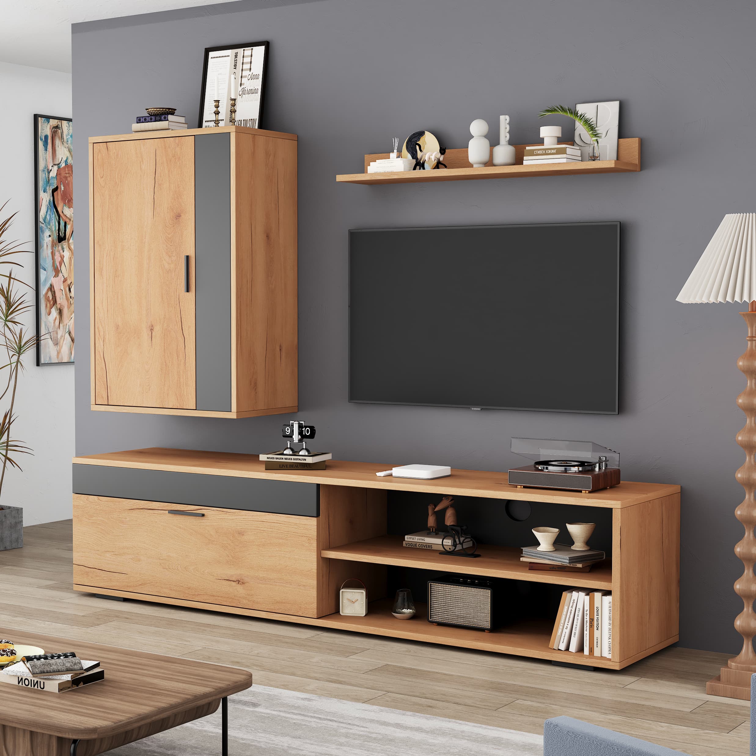 Moderne TV-Wandkombination 3-teilig mit TV-Board und Wandregalen
