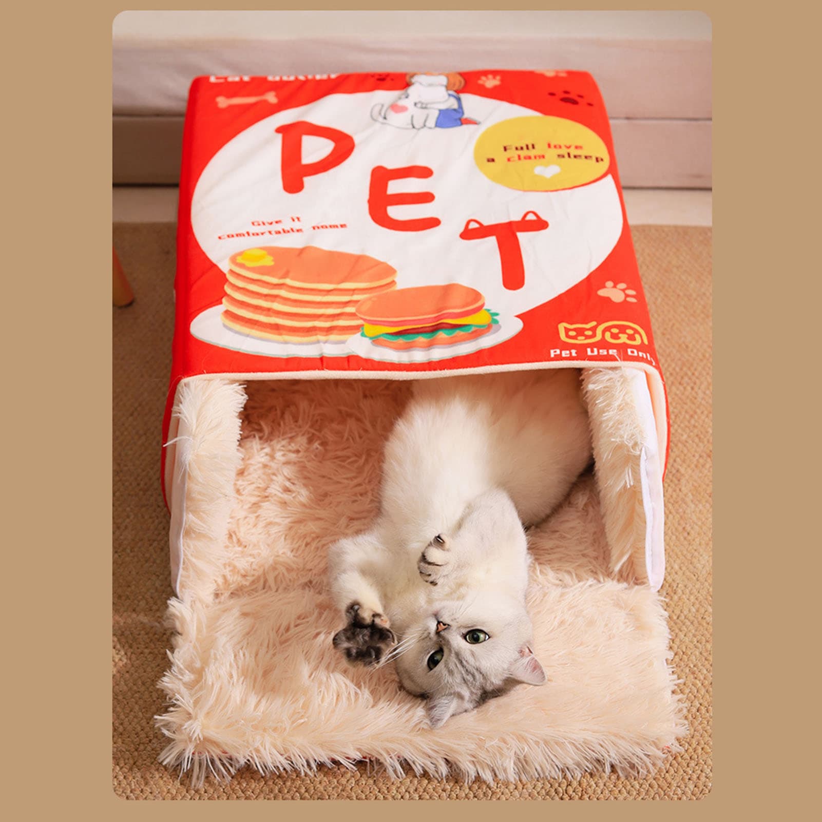 Caja de aperitivos cama de gato dibujo rectangular completamente cerrada cuatro estaciones universal multifunción cama de mascotas suave para casa viaje rojo