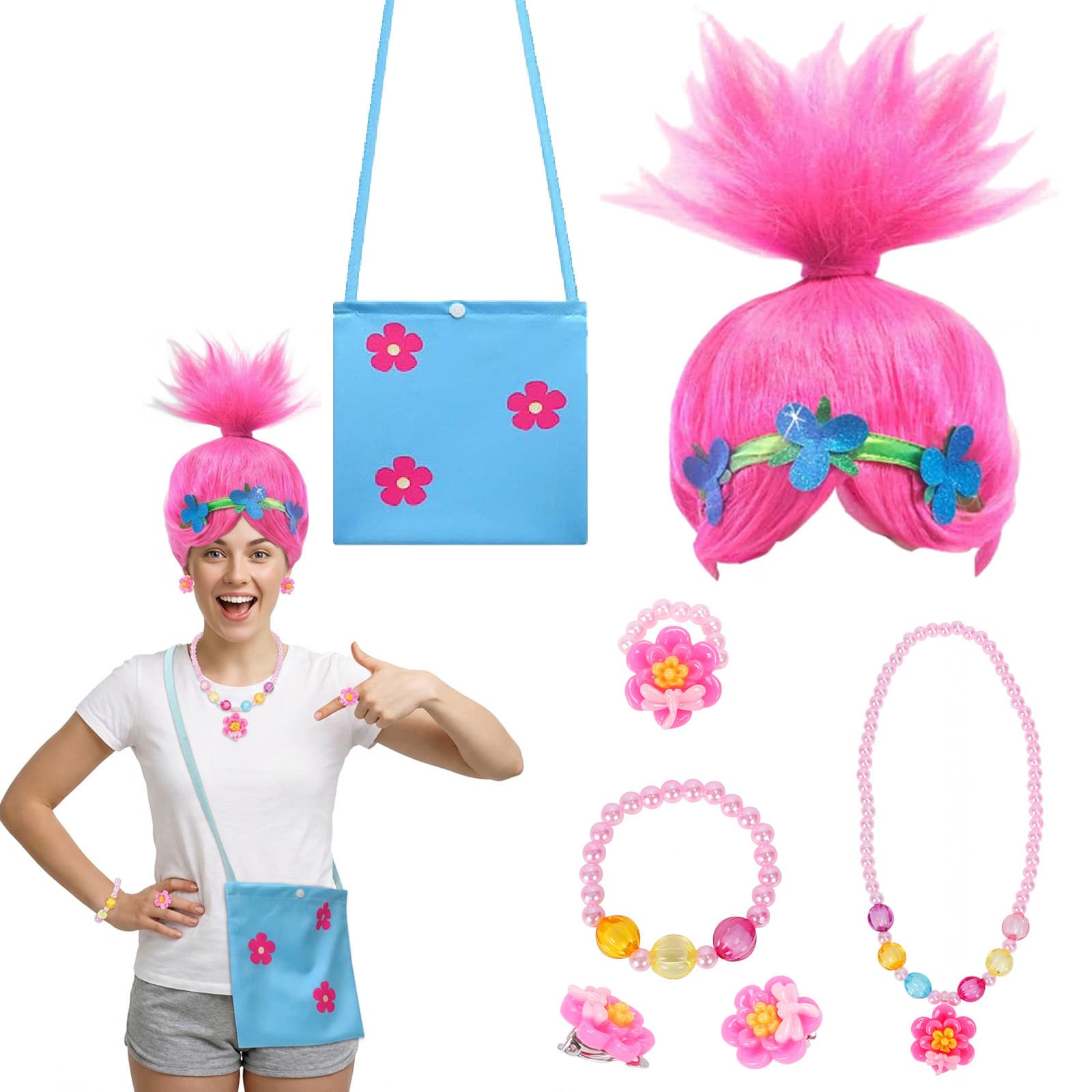 Ensemble costume troll coloré femme avec perruque et sac