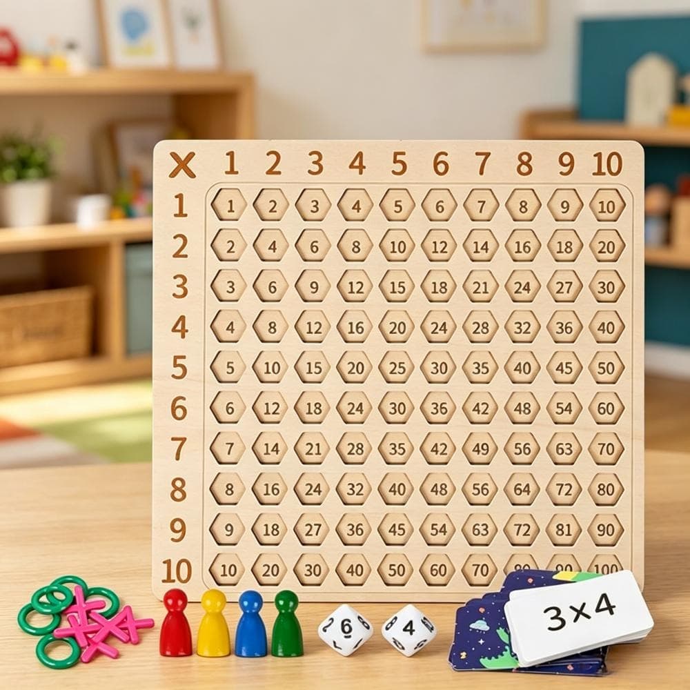 Jeu éducatif de plateau de multiplication avec cartes numériques et pièces de jeu en bois pour la pratique des mathématiques et les décorations de fête