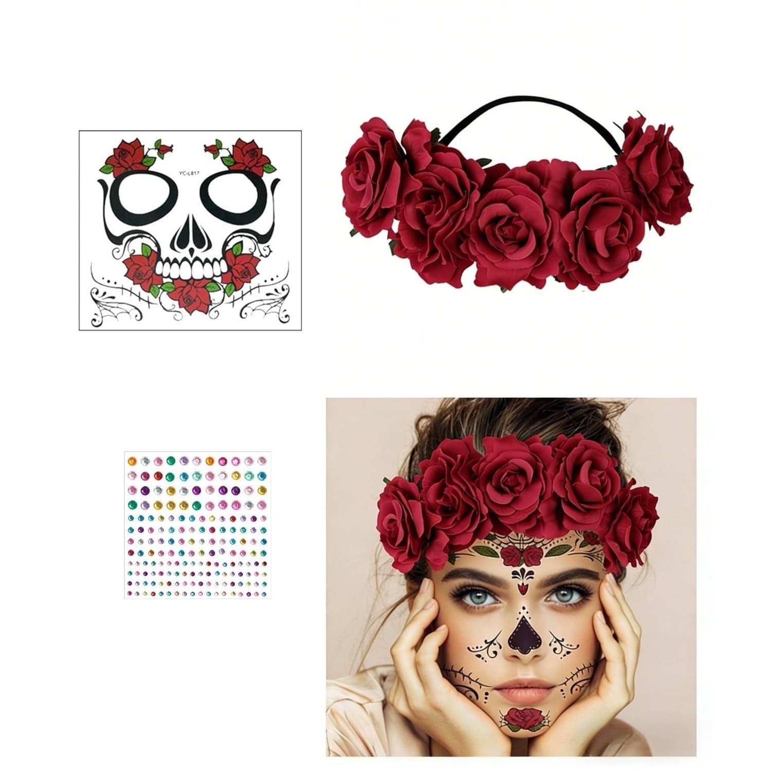 Totenkopf-Haarreif mit schwarzem Blumenkranz Dia de los Muertos