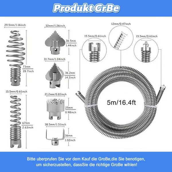 Espiral desatascador de 12 mm con set de 7 accesorios