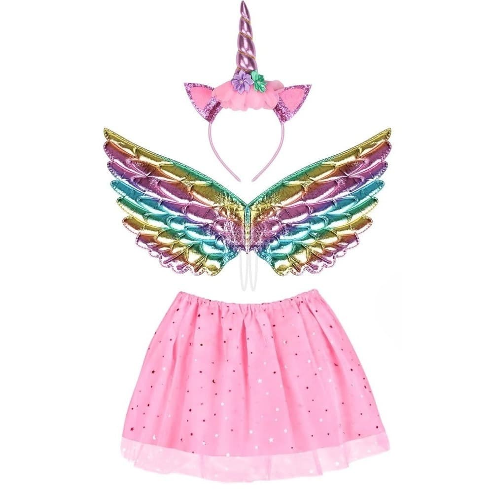 Ensemble costume rose violet avec serre-tête, ailes et robe
