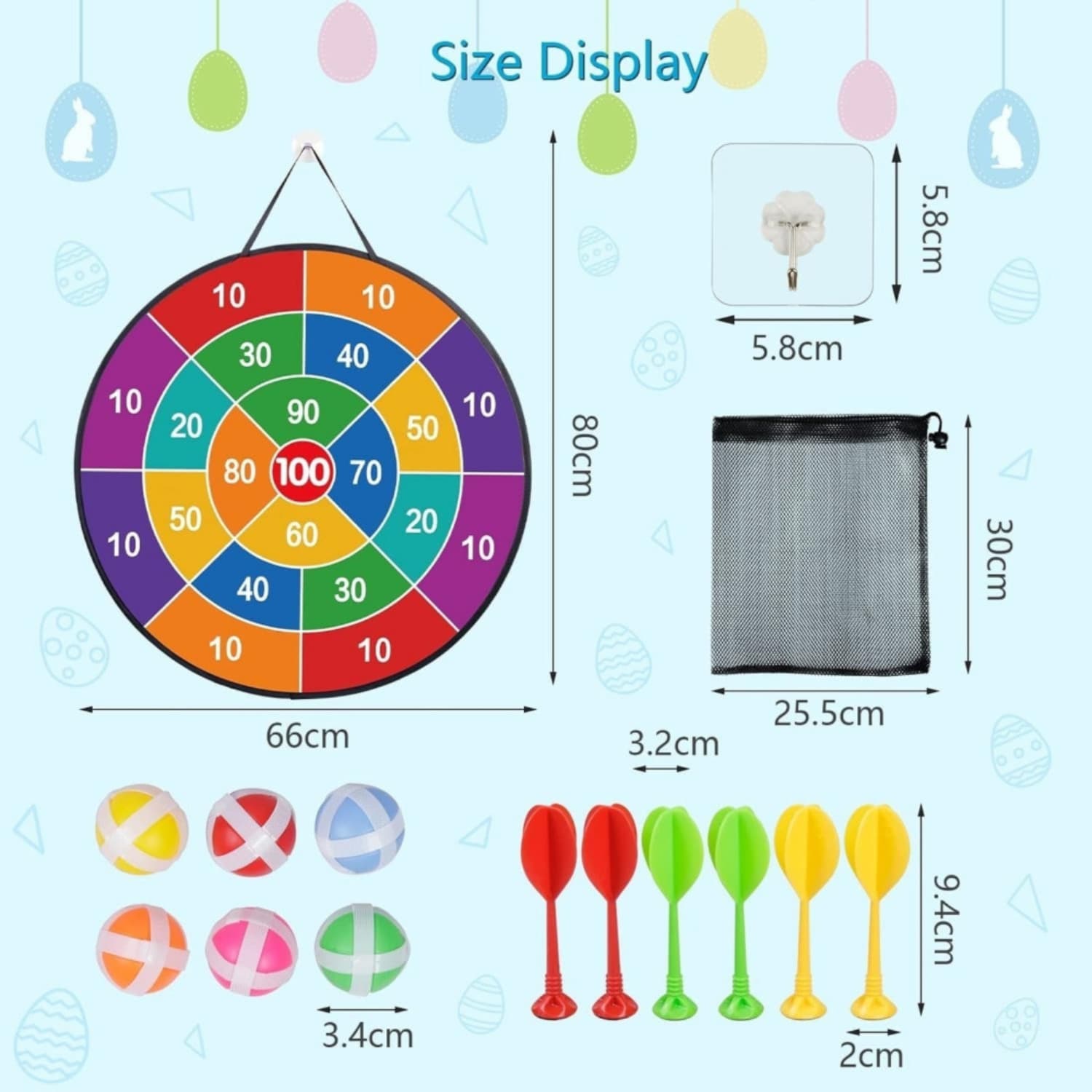 Jeu de lancer réversible avec balles velcro et fléchettes, 66 cm