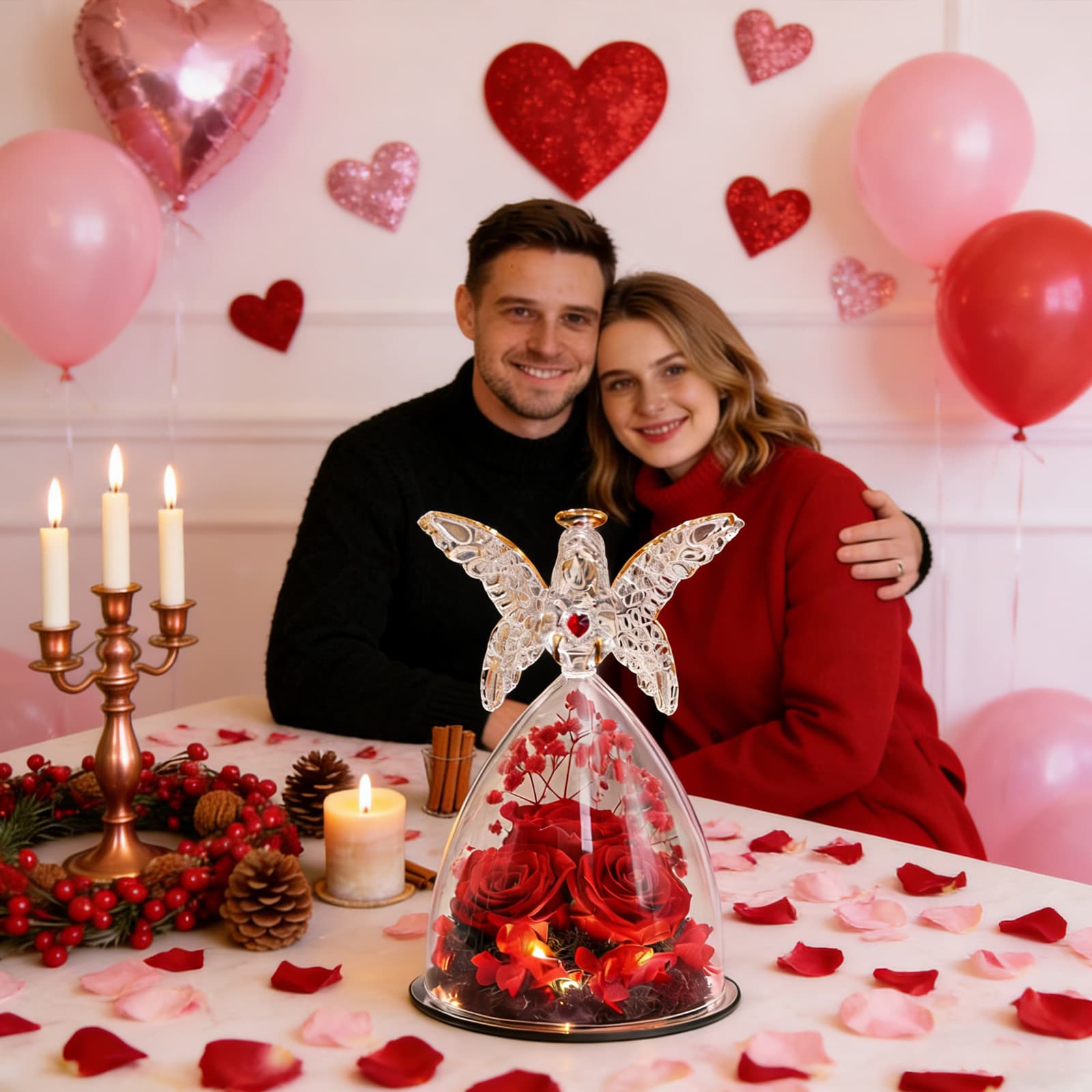 Konservierte rote Rose in Glaskuppel mit Engel