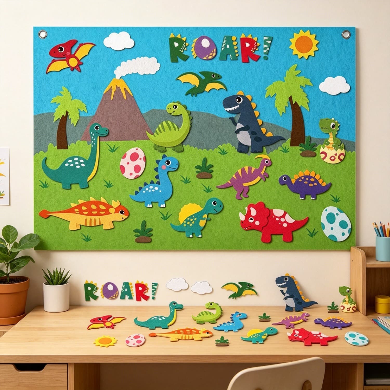Set tableau feutrine dinosaures, bandes et 2 crochets