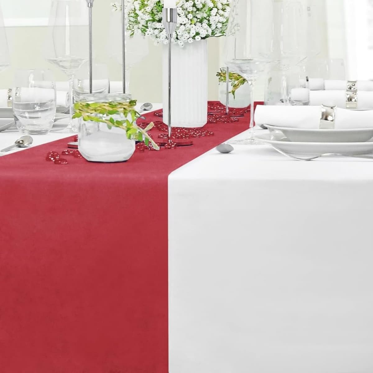 Roter Tischläufer aus Vlies mit weißer Spitze, 2er-Set