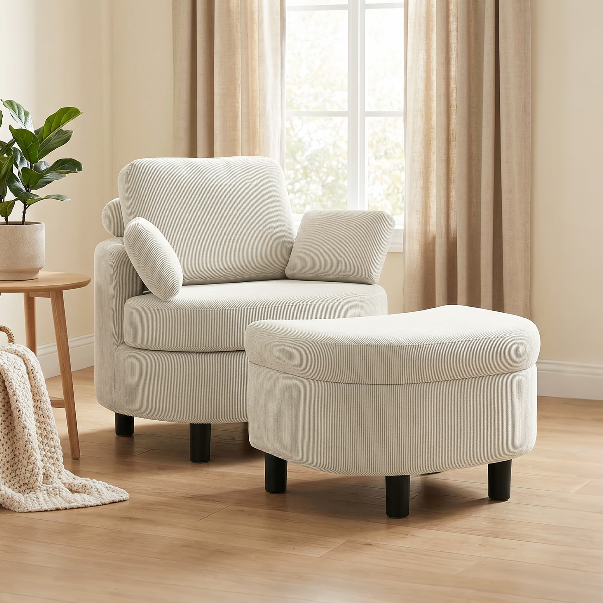 Fauteuil de lecture avec pouf et appui-tête réglable, blanc crème