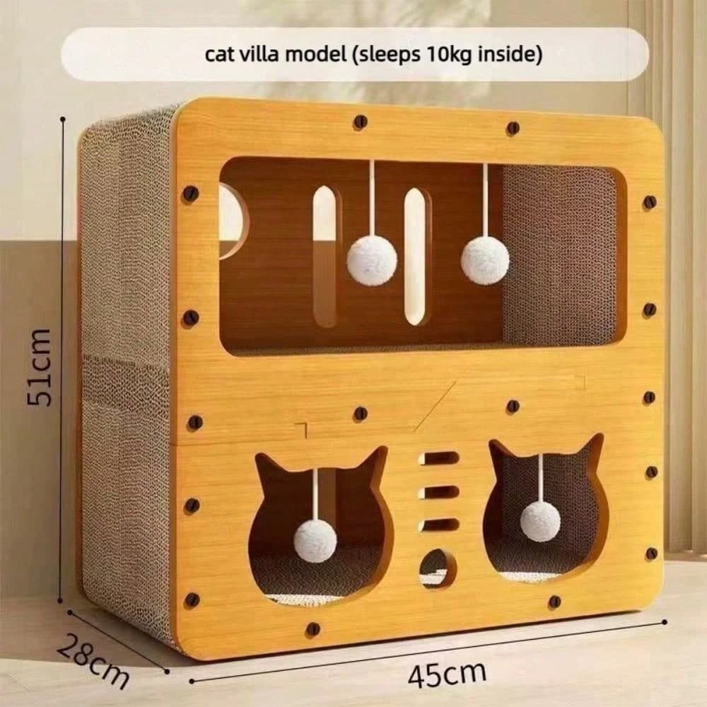 Doppio Strato Scratching Post per Gatti in Stile Villa Multifunzionale con Nido in Cartone Ondulato, Grande Spazio, Tana per Gatti con Giocattolo a Pendolo e Materiale Resistente all'Uso