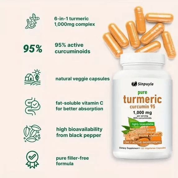 Curcuma pura 1000mg 120 capsule con zenzero pepe nero e vitamina C per la salute delle articolazioni