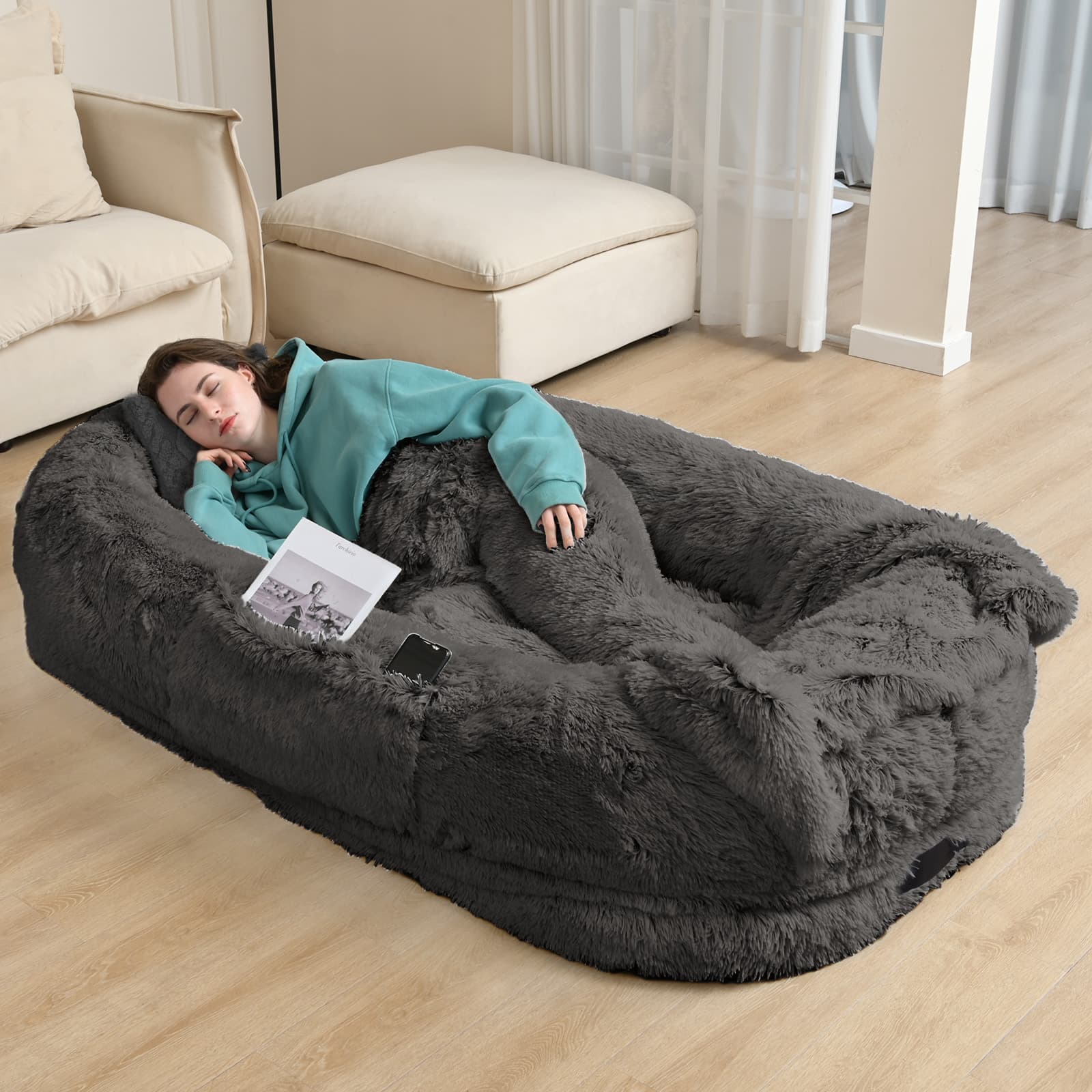 Cama para humanos y perros de gran tamaño para adultos y mascotas, 71 pulgadas x 45 pulgadas x 12 pulgadas, Relojón ultra suave de peluche sintético, cama de suelo lavable con soporte ortopédico, almohada y...