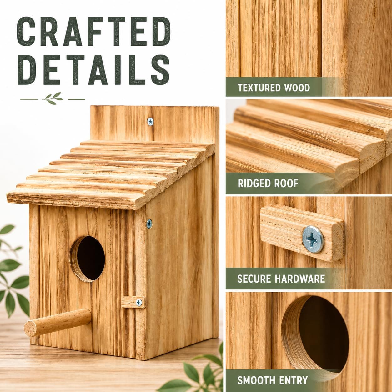 Casa per uccelli in legno per l'esterno, appesa in legno naturale con posatoio, entrata di 1,5 pollici e porta di pulizia laterale per le allodole, i passeri e i fringuelli, Garde