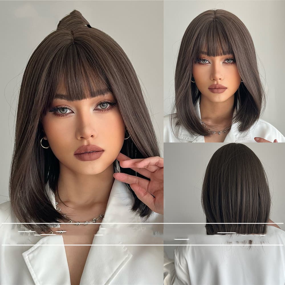 wig black short hair with bangs high temperature fiber