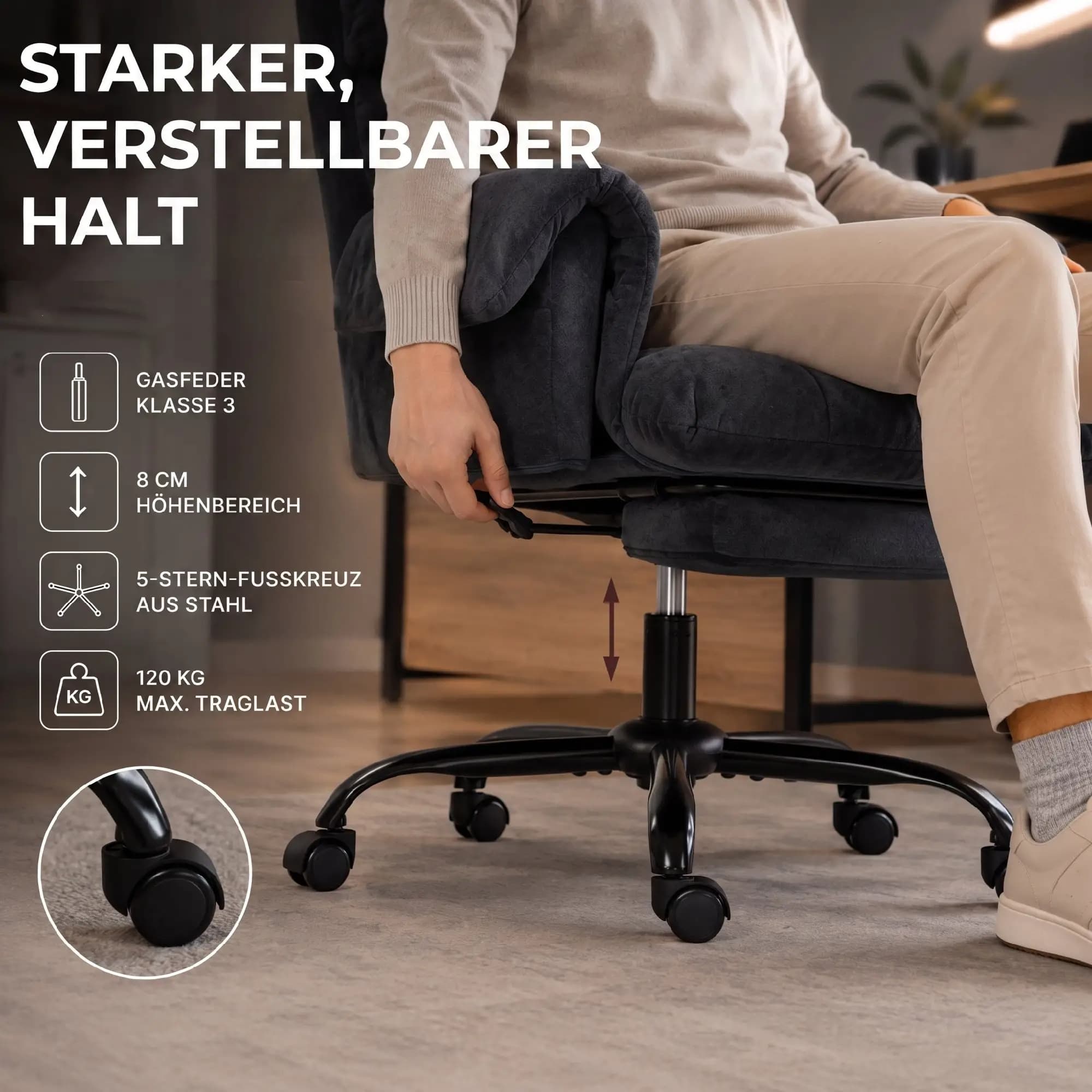Chaise de bureau réglable en hauteur, dossier ajustable, gris foncé