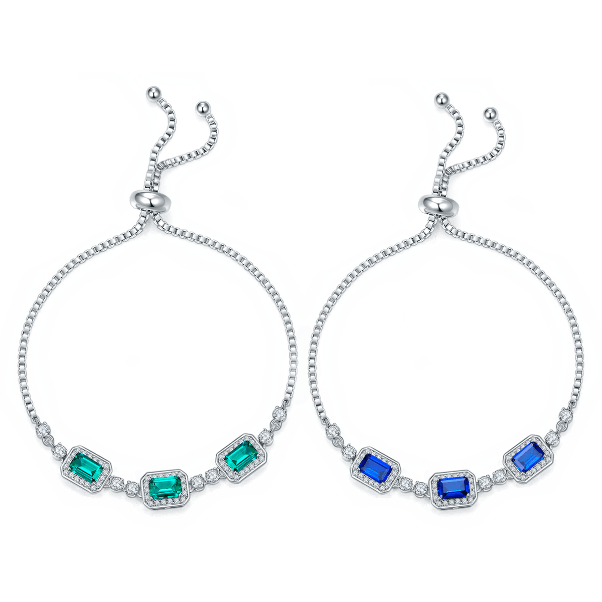 bracelet ajustable en argent sterling S925, collier en émeraude et saphir de laboratoire de 3 pierres de 6x4mm, halo, 21cm plaqué platine, 6,2g, boîte cadeau de bijoux pour femmes