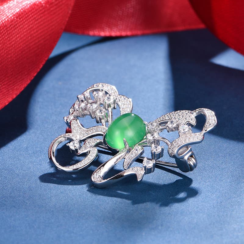 بروش فراشة من الفضة الستيرلينج S925, حجر كابراش من كريزوبراس غرين 8x10mm, مغطى بلاتين 6.7غ, بروش المرأة الجميل مع صندوق هدية