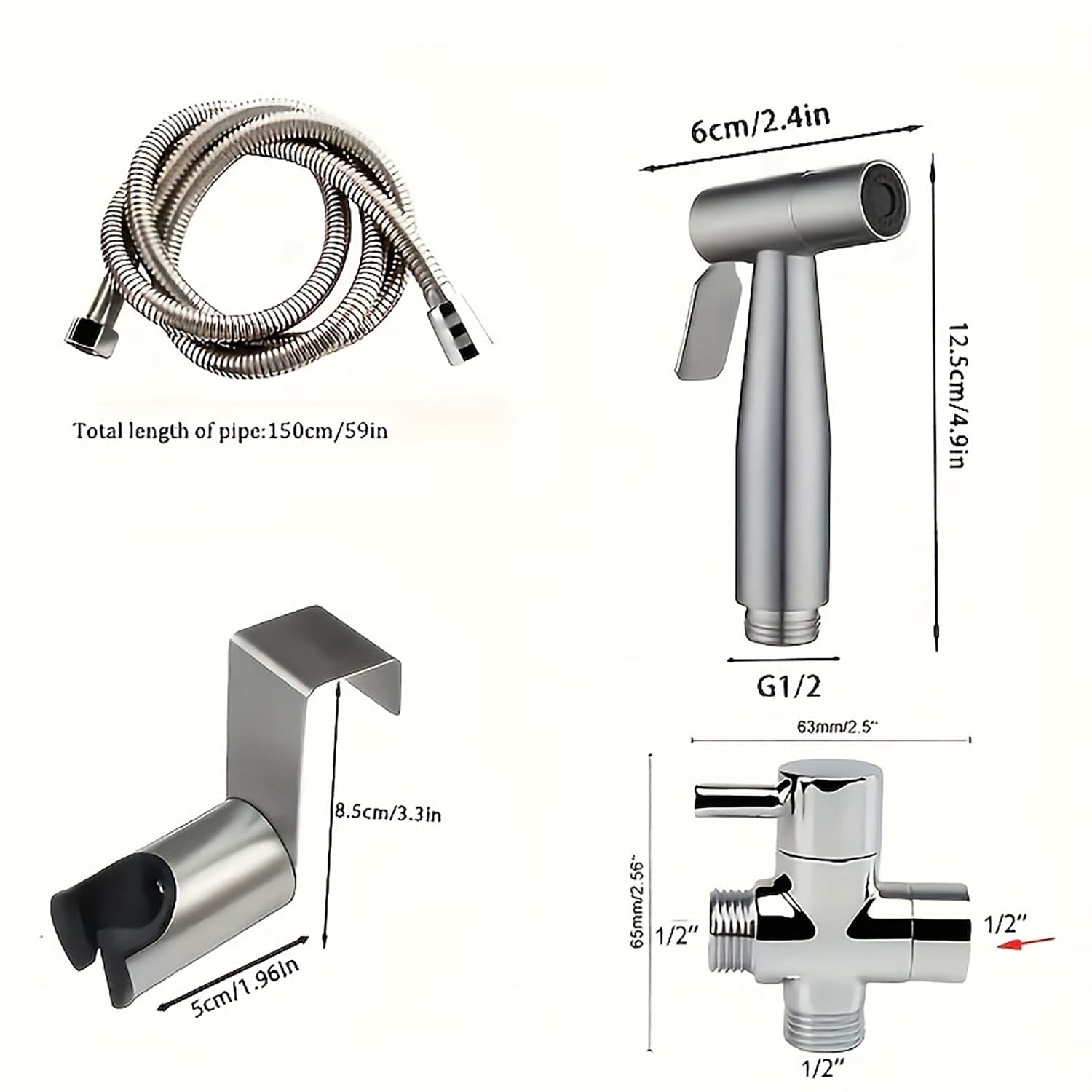 Bidet shower set with hand sprayer, hose and holder