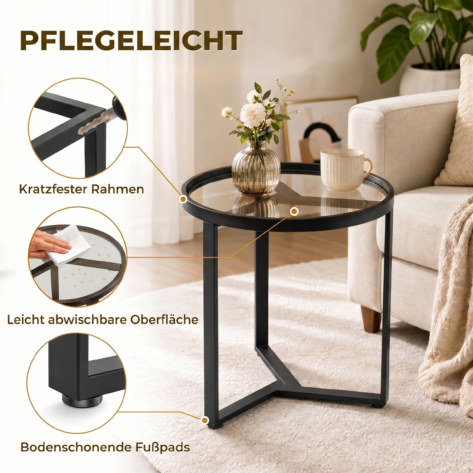 Table d'appoint ronde plateau en verre trempé structure métallique géométrique pour petits espaces noir