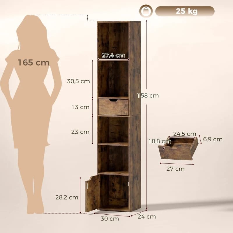 Bibliothèque 6 niveaux avec tiroir et porte d'armoire