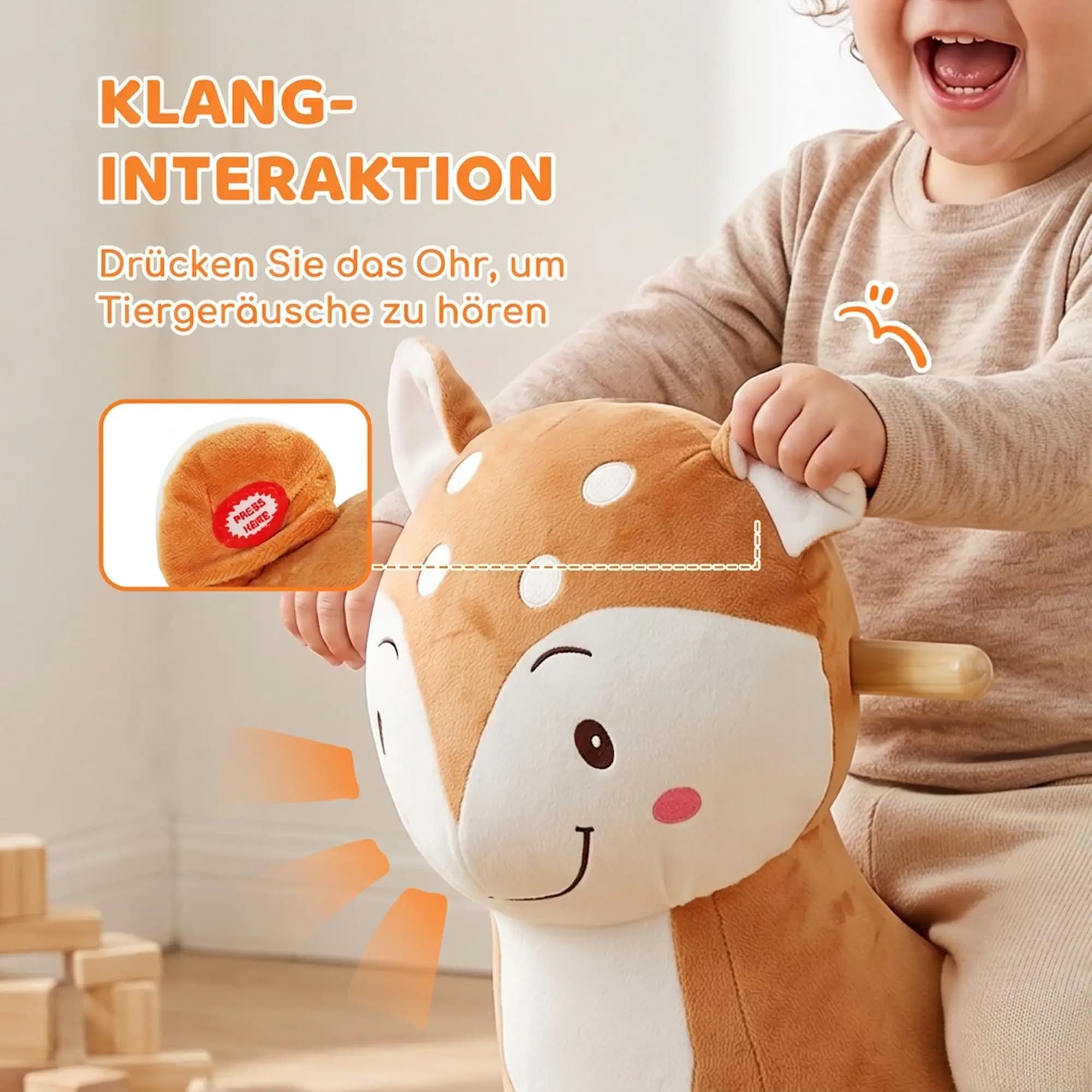 Cheval à bascule design cerf avec sons d'animaux et ceinture