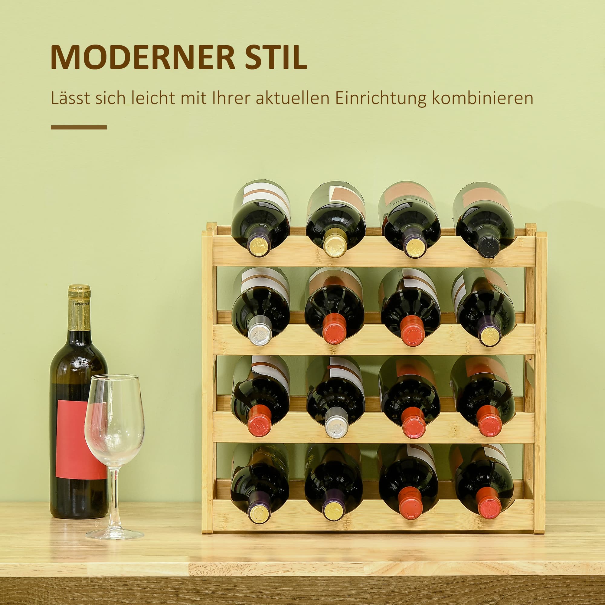 Casier à vin bambou 16 bouteilles, 4 niveaux, naturel